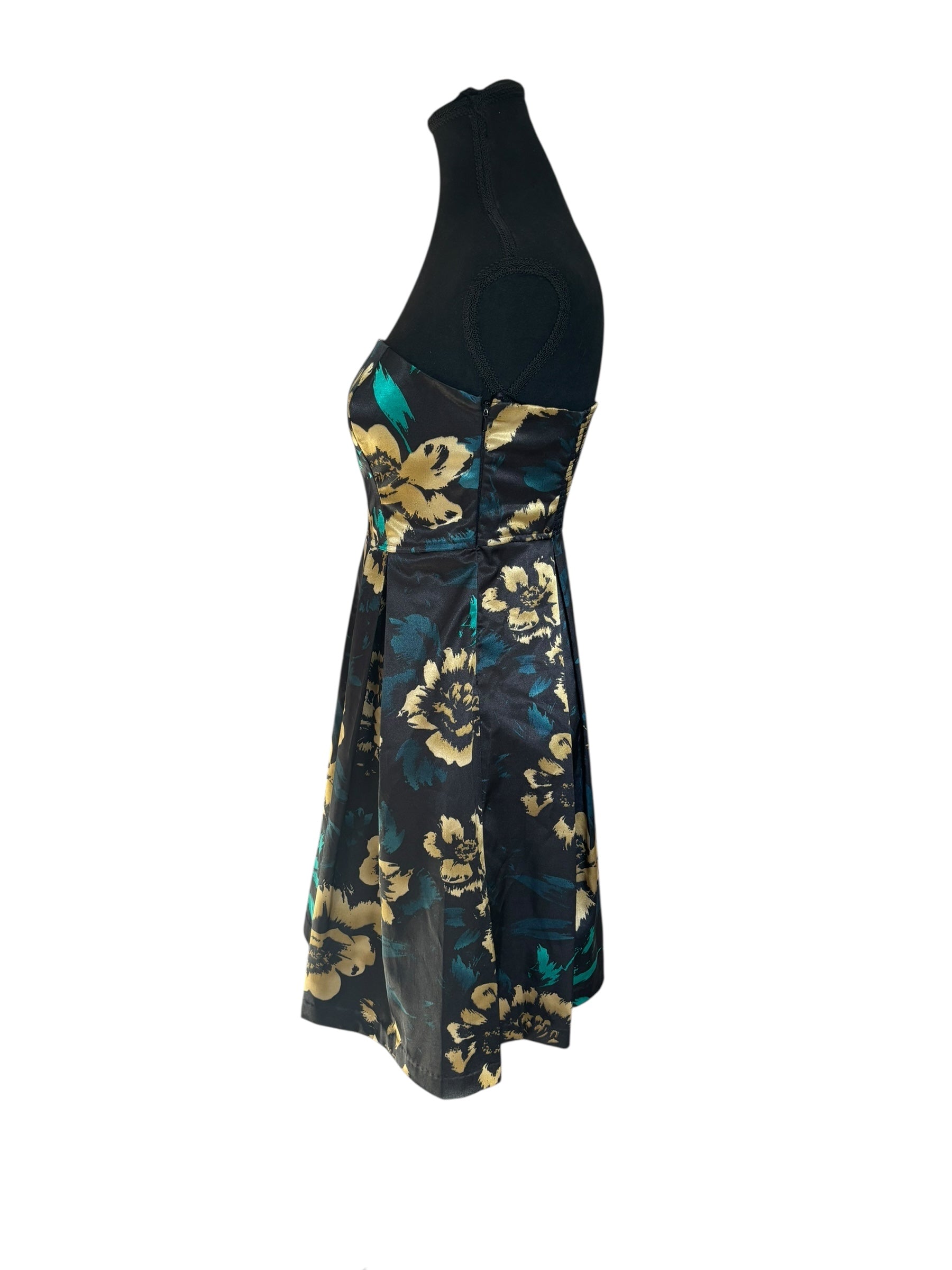 Vintage Guess Black, Gold and Green Strapless A-line Cocktail Dress Size 5