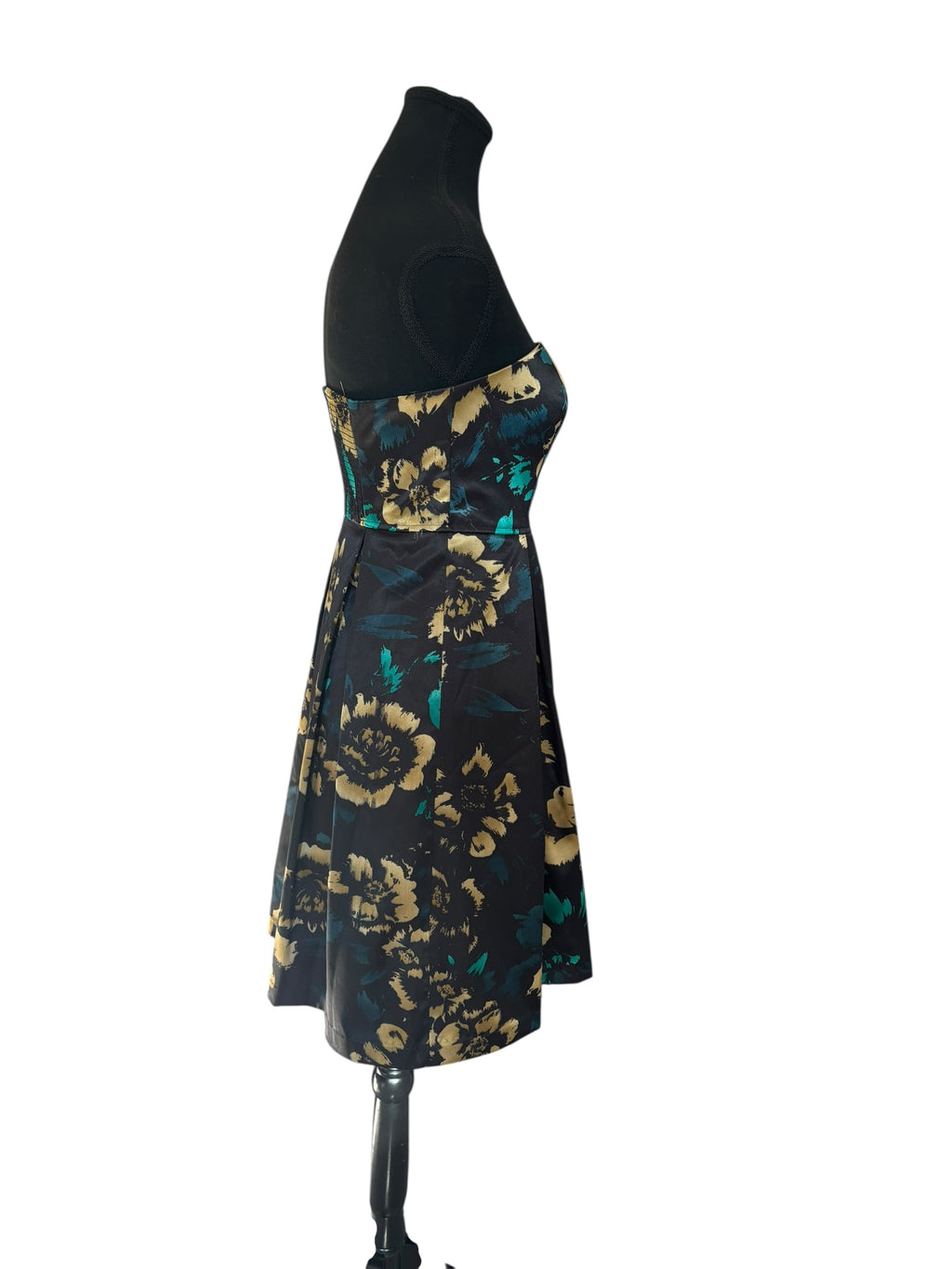 Vintage Guess Black, Gold and Green Strapless A-line Cocktail Dress Size 5