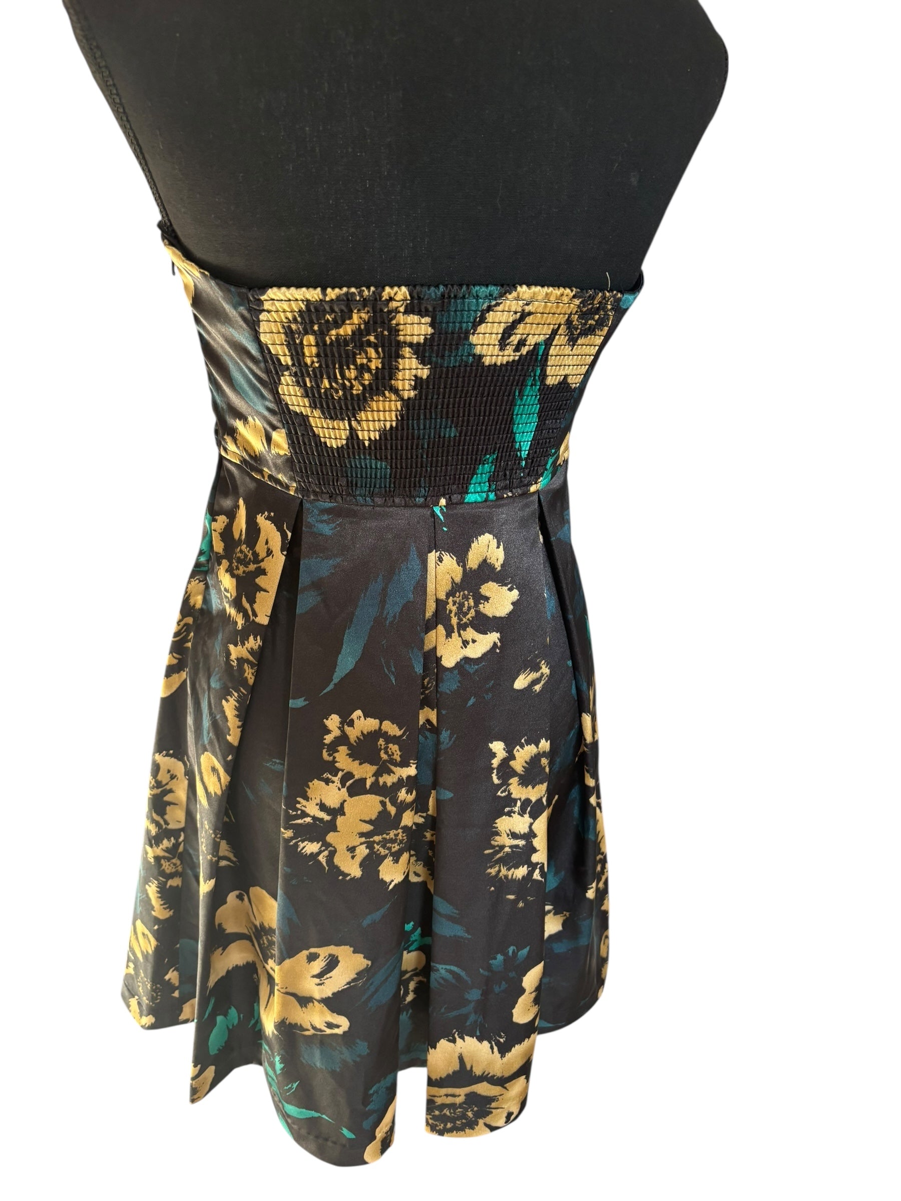 Vintage Guess Black, Gold and Green Strapless A-line Cocktail Dress Size 5