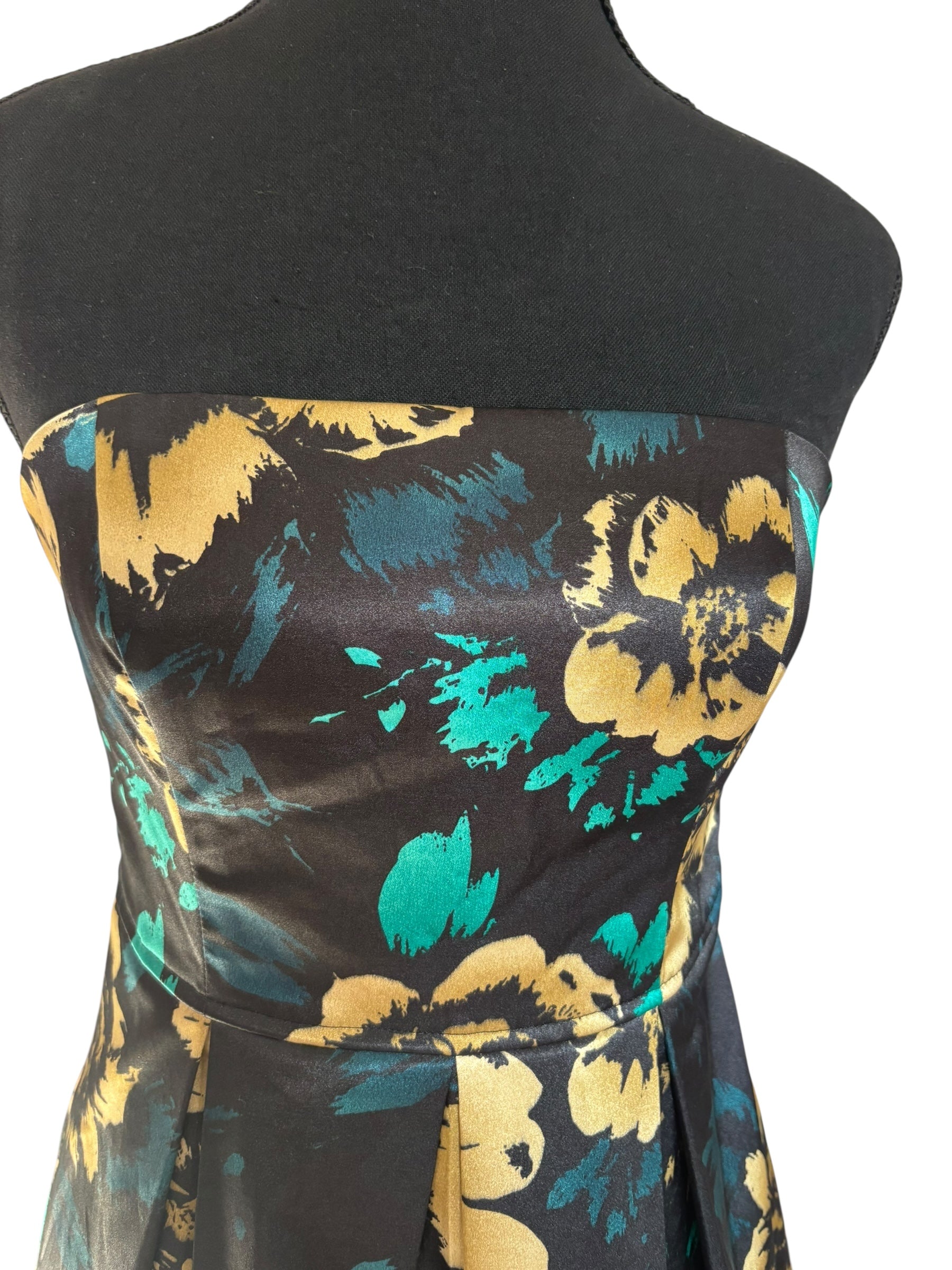 Vintage Guess Black, Gold and Green Strapless A-line Cocktail Dress Size 5