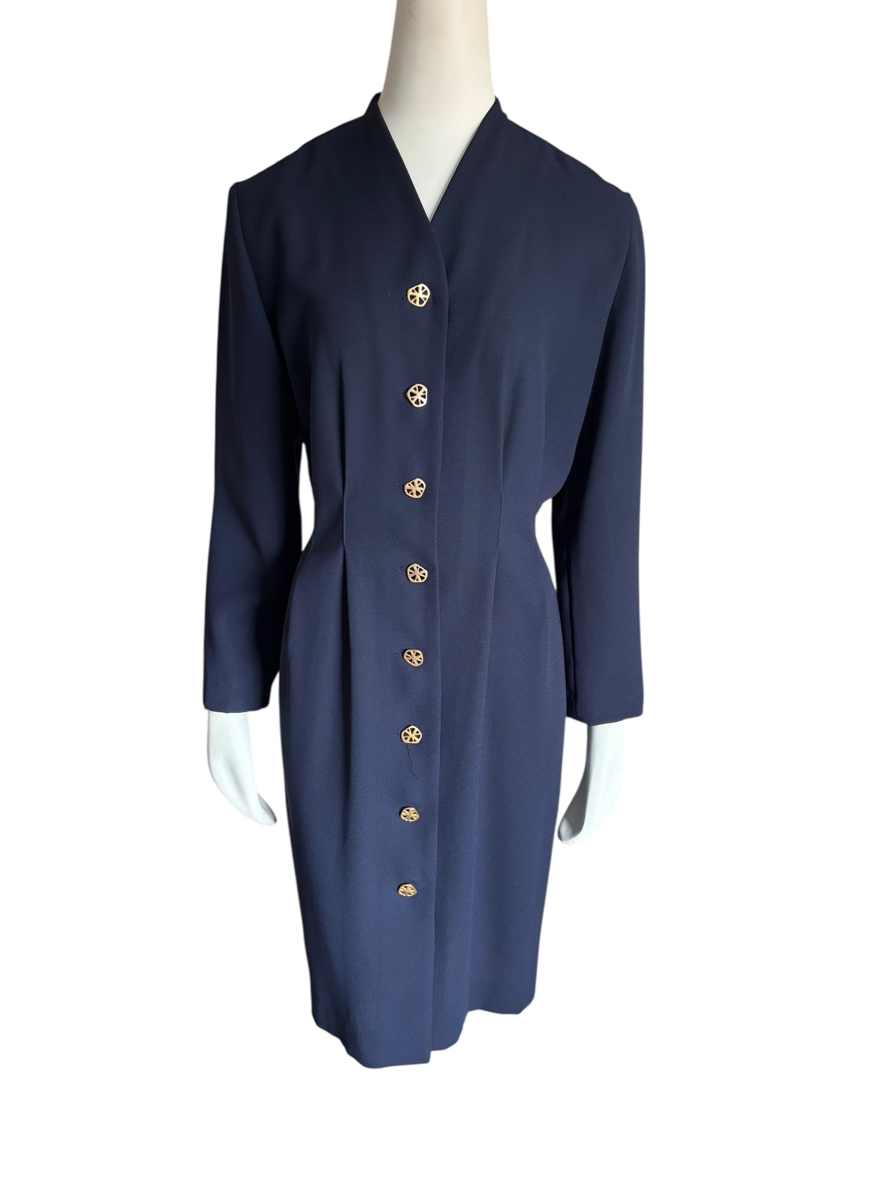 Navy Blue Button Front Vintage Dress Long Sleeve Modest Career Work Size M