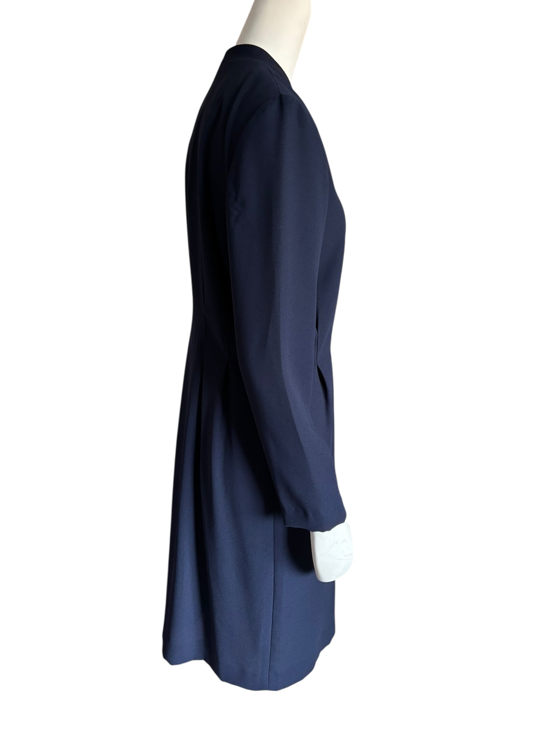 Navy Blue Button Front Vintage Dress Long Sleeve Modest Career Work Size M