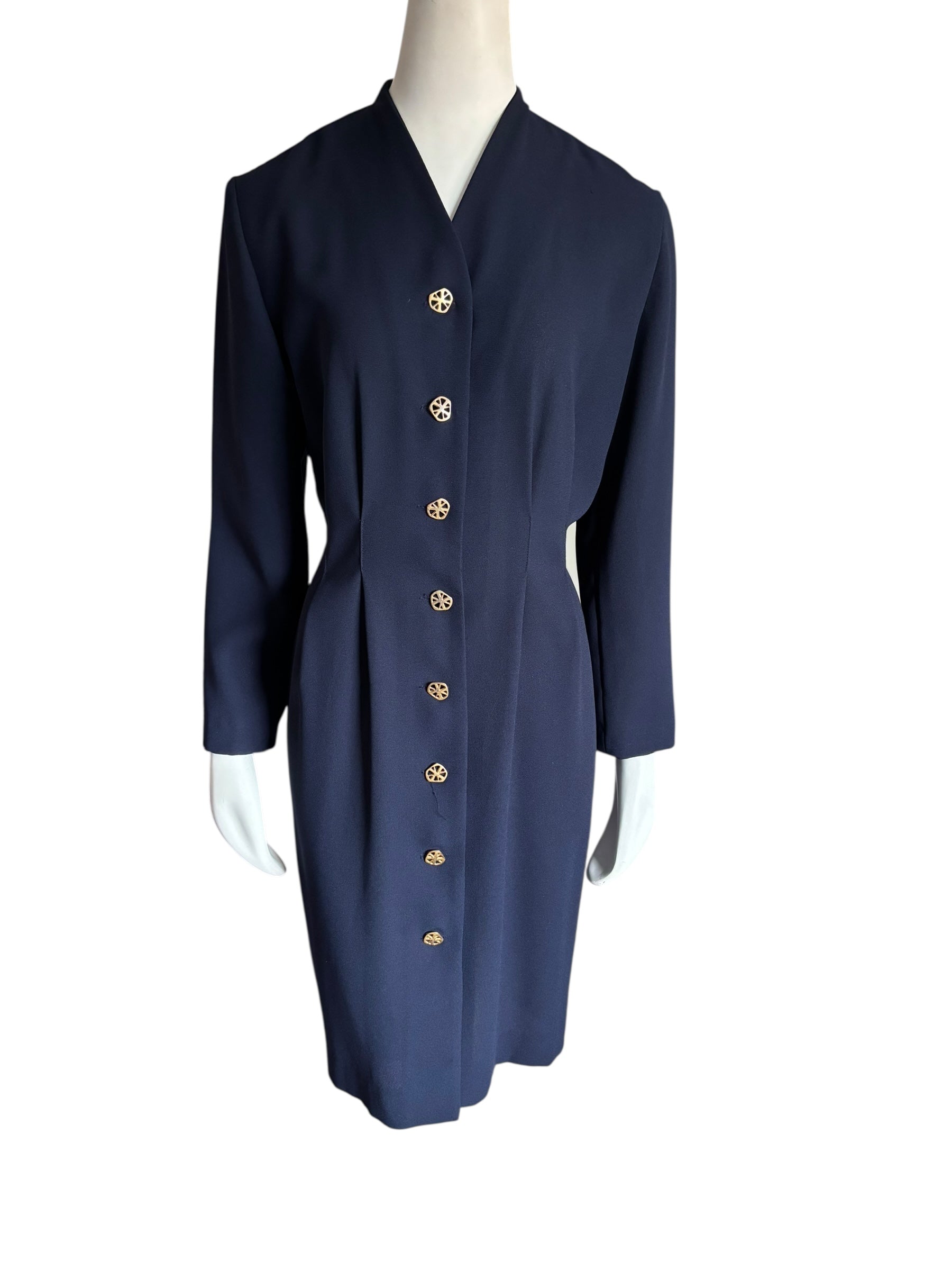 Navy Blue Button Front Vintage Dress Long Sleeve Modest Career Work Size M