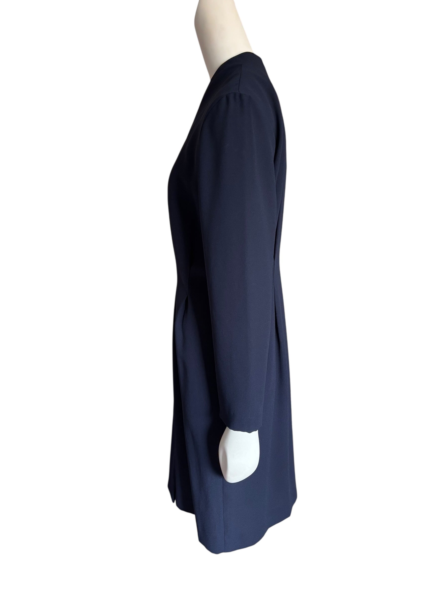 Navy Blue Button Front Vintage Dress Long Sleeve Modest Career Work Size M