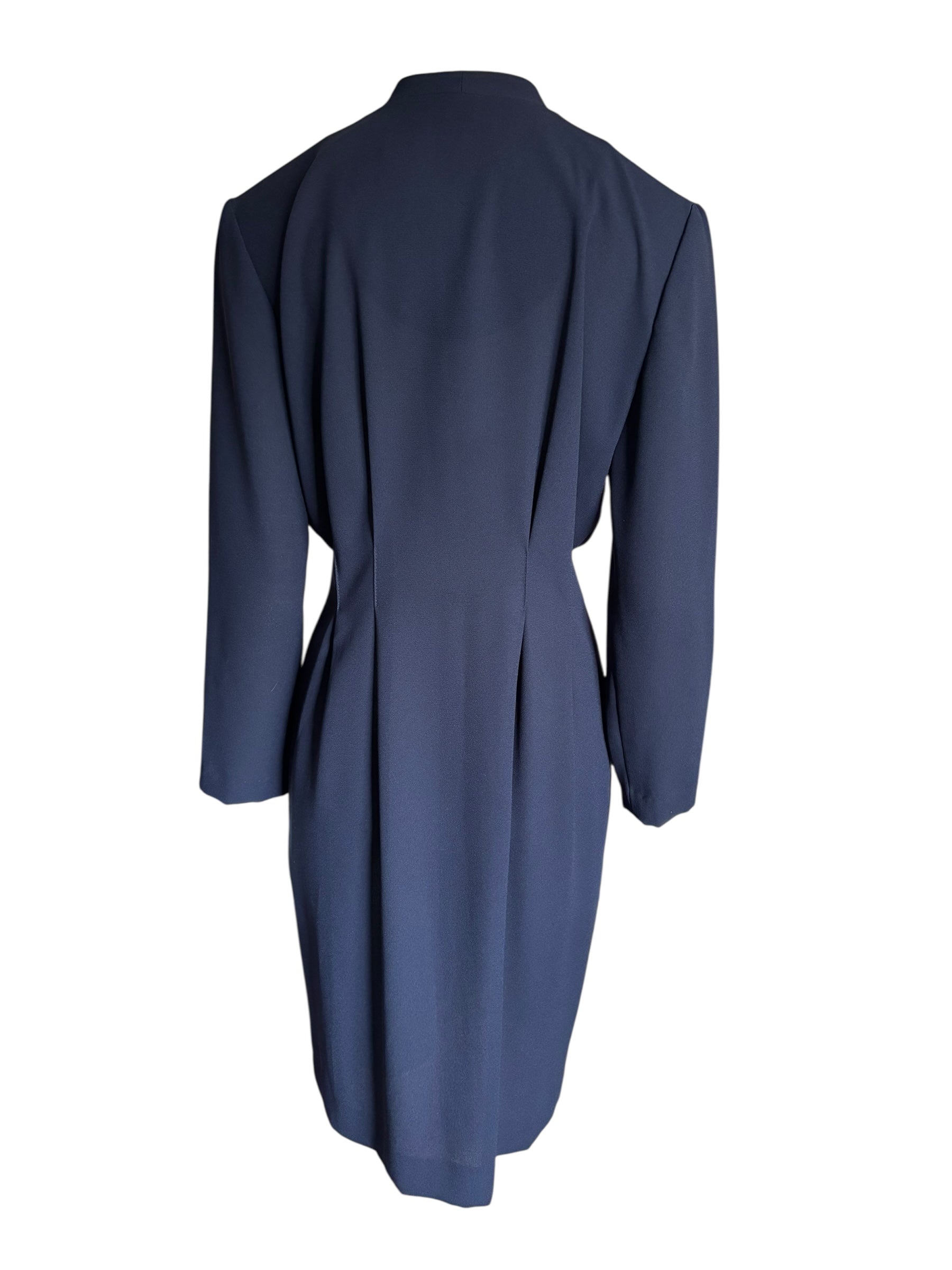 Navy Blue Button Front Vintage Dress Long Sleeve Modest Career Work Size M