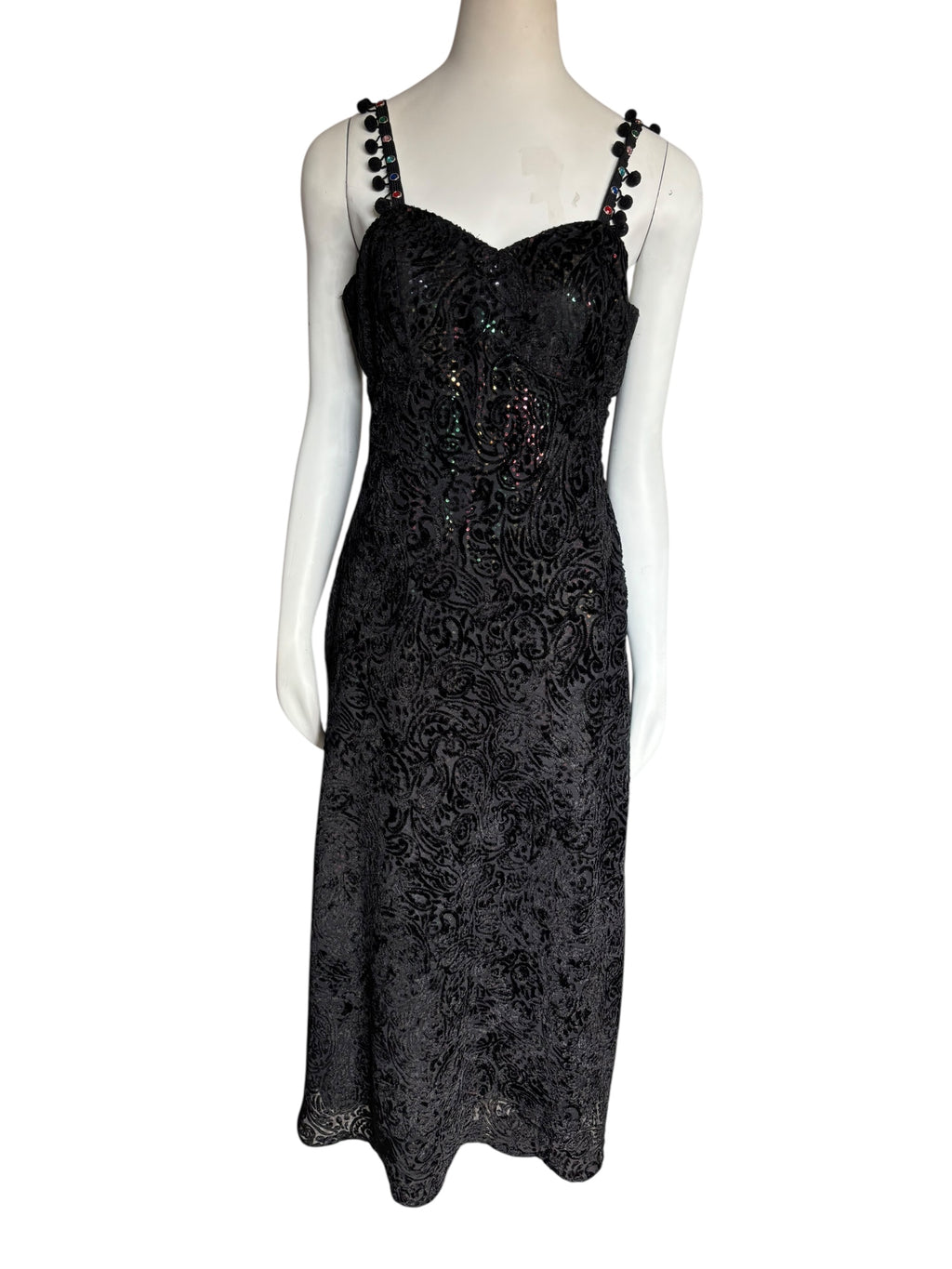 Black Velvet Hand Made Dress Paisley Sequin Pom Pom Strap Midi Party Cocktail Evening Size Small