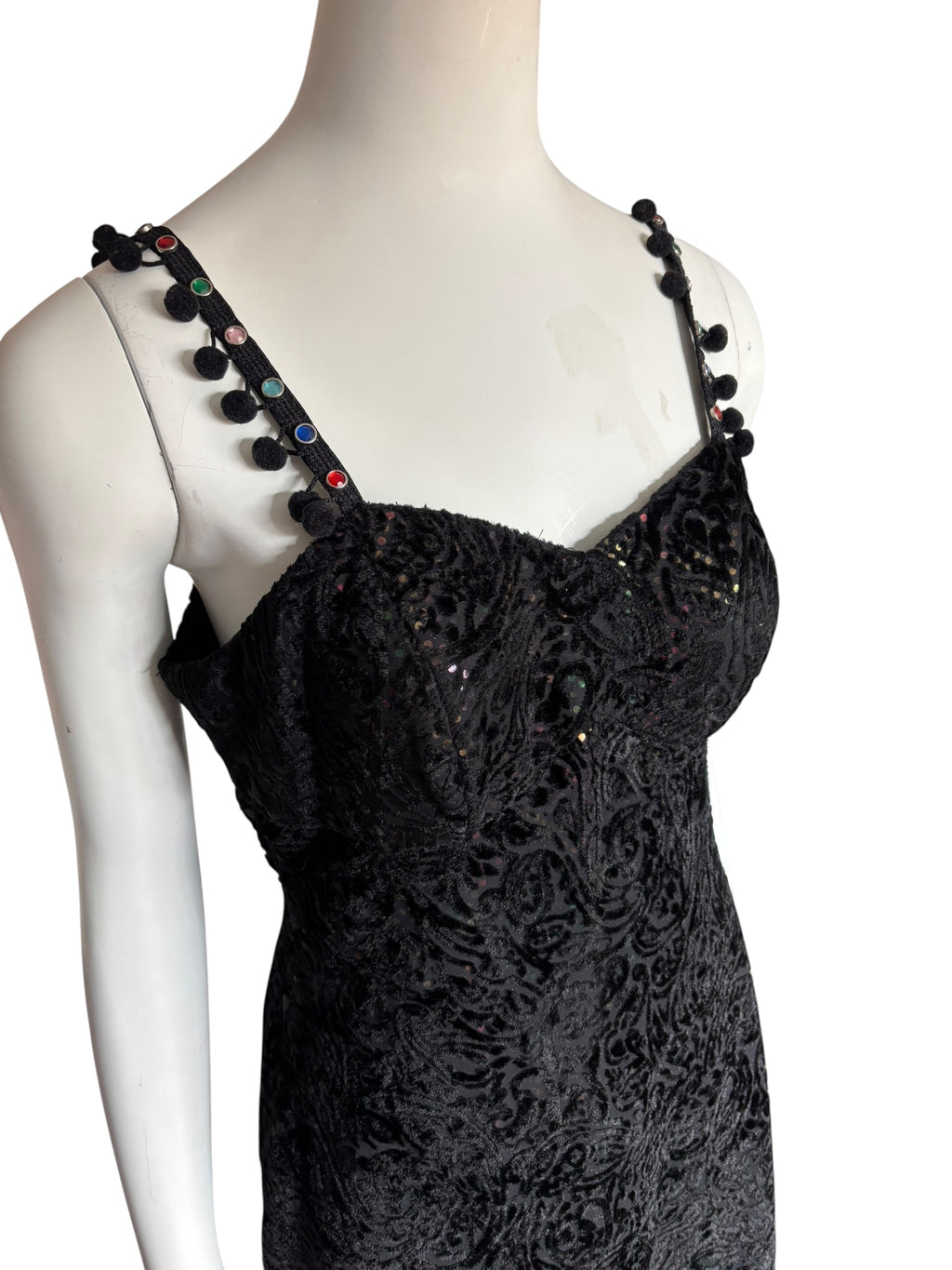 Black Velvet Hand Made Dress Paisley Sequin Pom Pom Strap Midi Party Cocktail Evening Size Small
