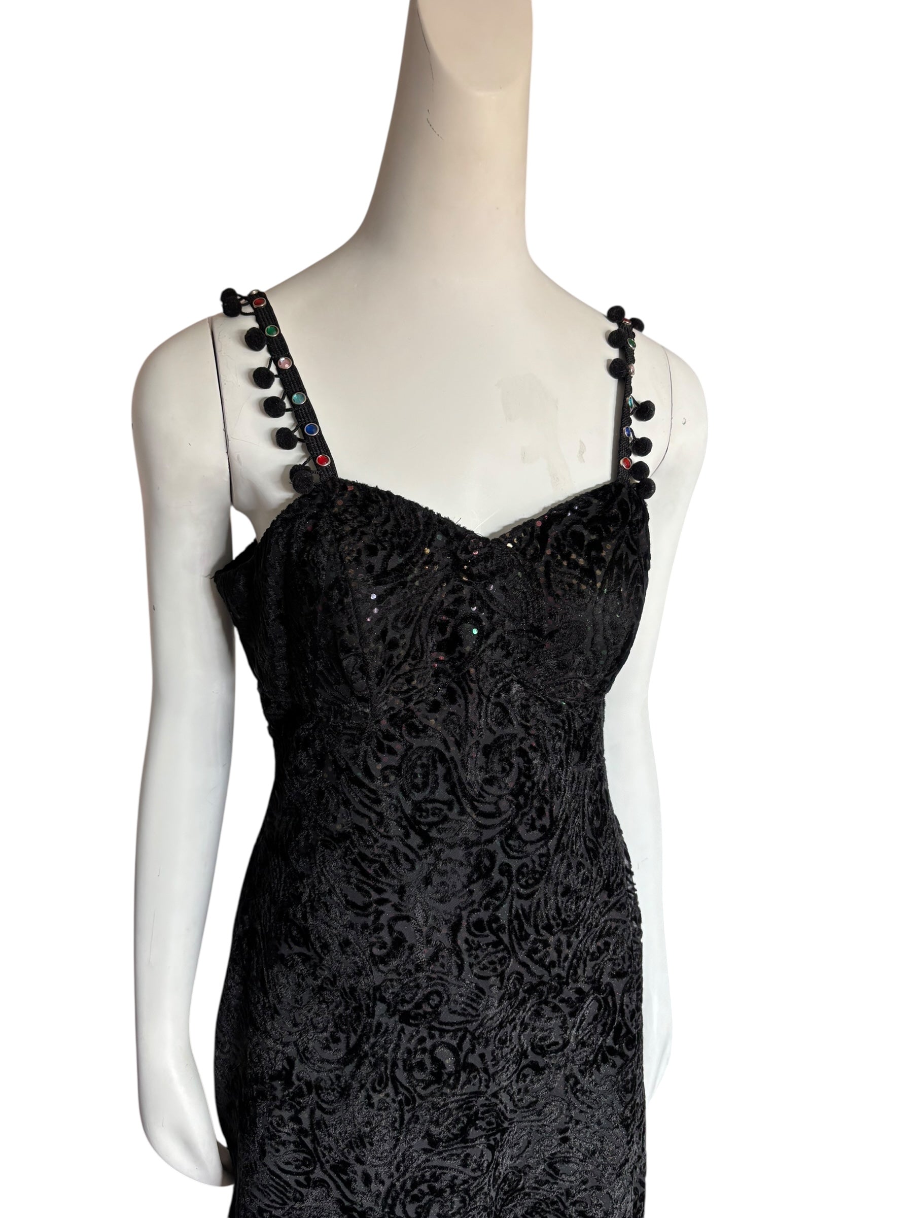 Black Velvet Hand Made Dress Paisley Sequin Pom Pom Strap Midi Party Cocktail Evening Size Small