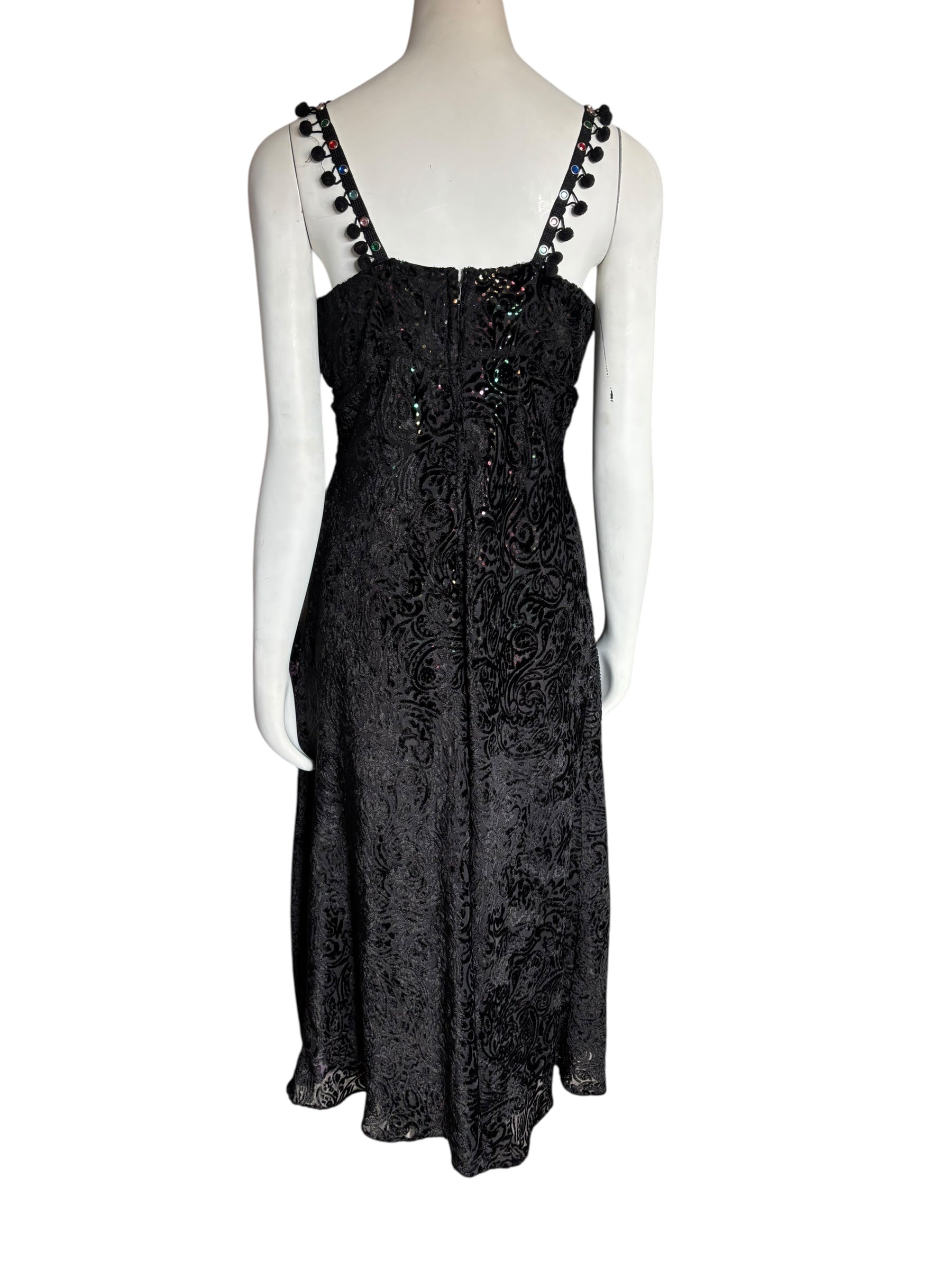 Black Velvet Hand Made Dress Paisley Sequin Pom Pom Strap Midi Party Cocktail Evening Size Small