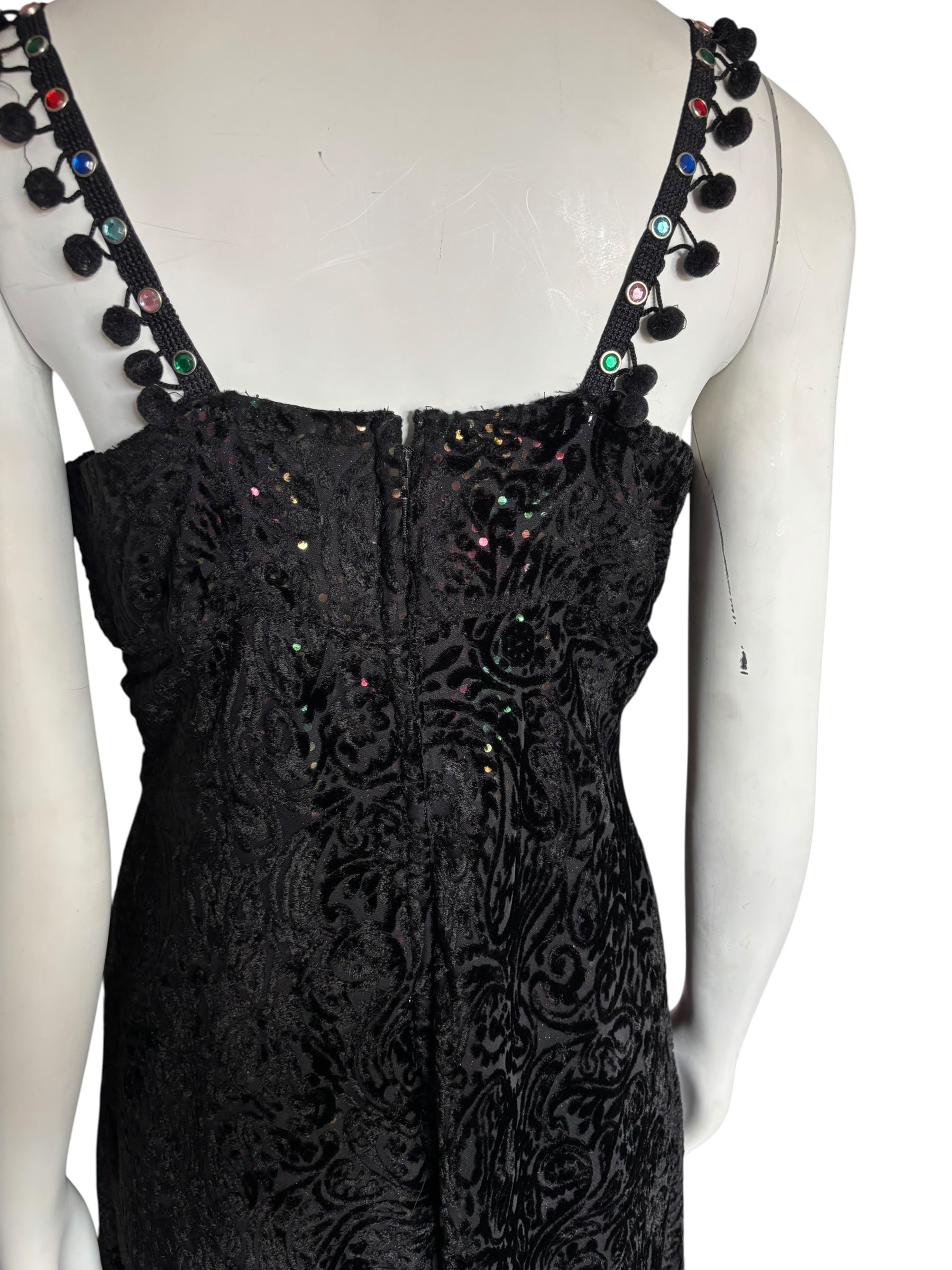 Black Velvet Hand Made Dress Paisley Sequin Pom Pom Strap Midi Party Cocktail Evening Size Small