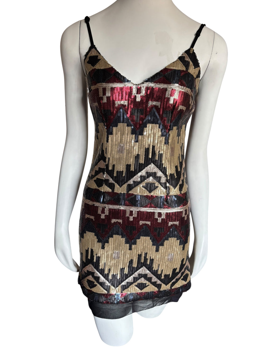 Sequin Mini Dress Sleeveless V Neck Aztec Geometric Party Cocktail Size XS