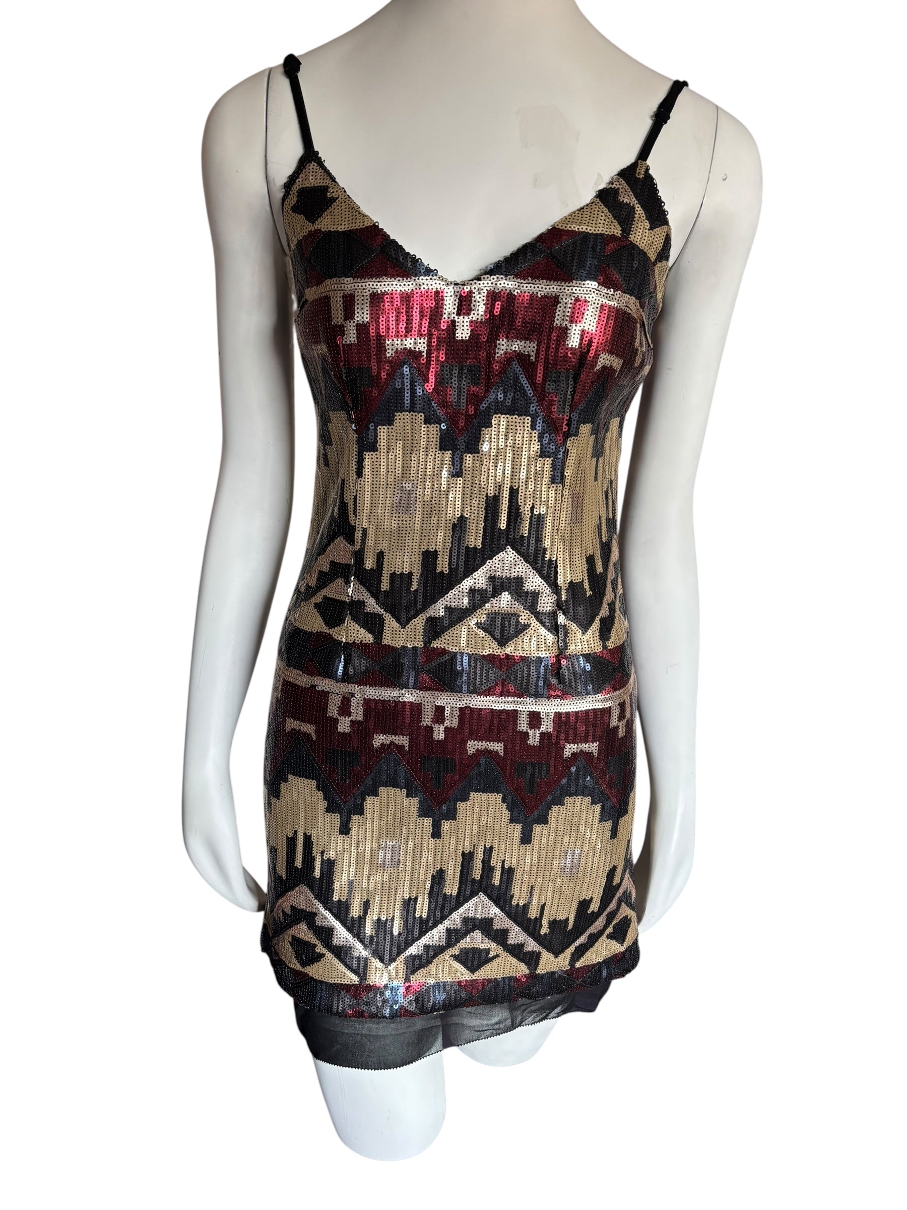 Sequin Mini Dress Sleeveless V Neck Aztec Geometric Party Cocktail Size XS