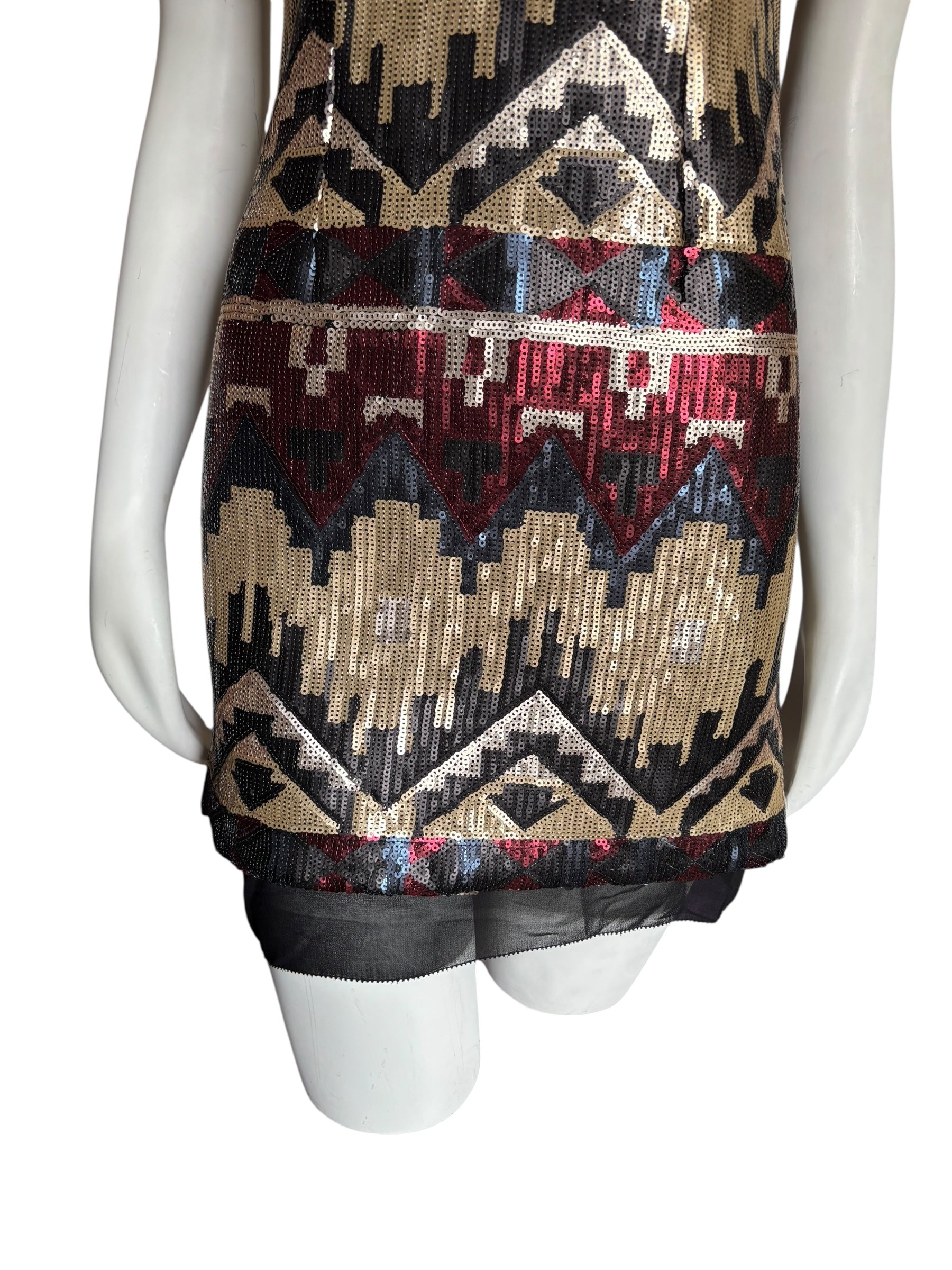 Sequin Mini Dress Sleeveless V Neck Aztec Geometric Party Cocktail Size XS