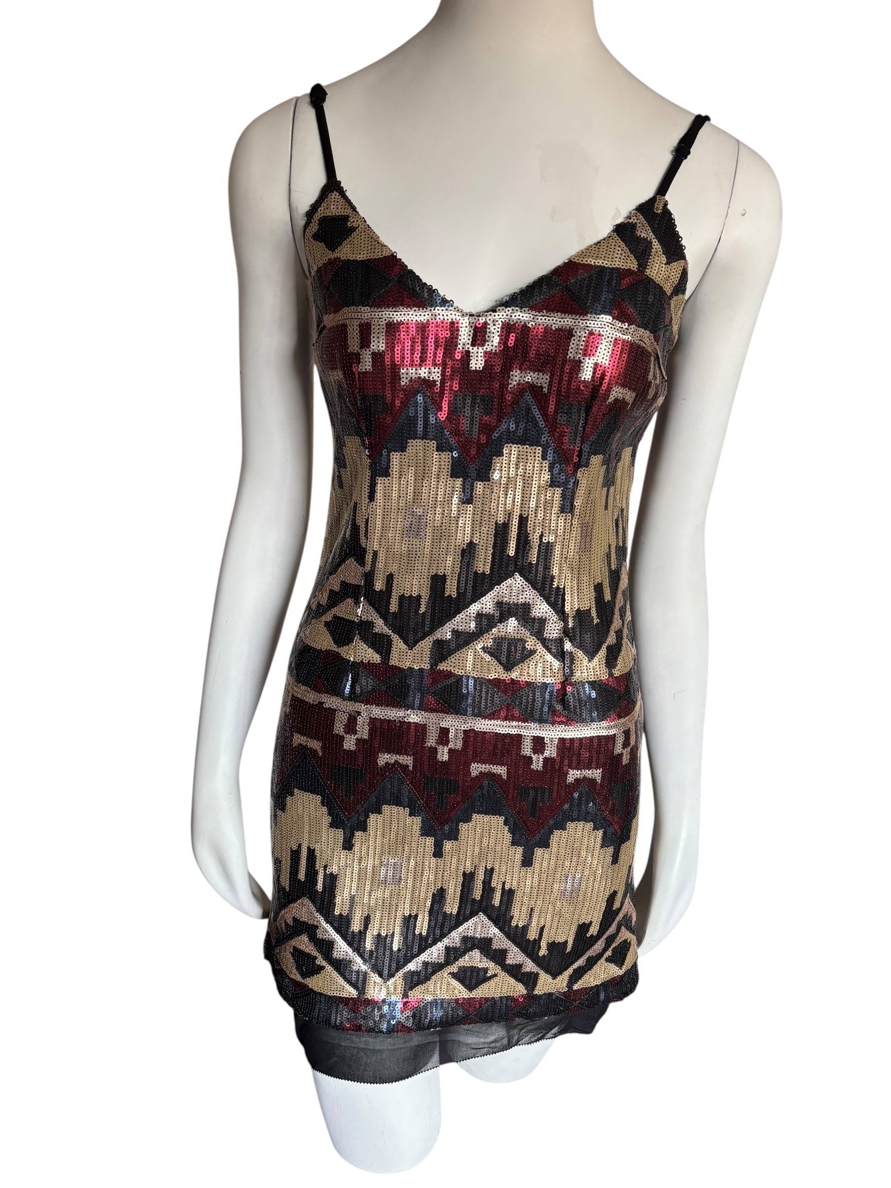 Sequin Mini Dress Sleeveless V Neck Aztec Geometric Party Cocktail Size XS