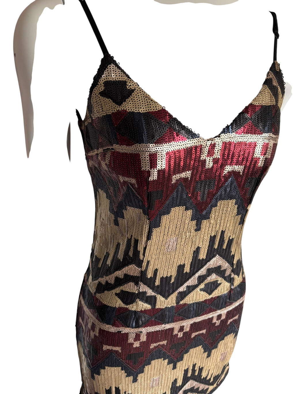 Sequin Mini Dress Sleeveless V Neck Aztec Geometric Party Cocktail Size XS