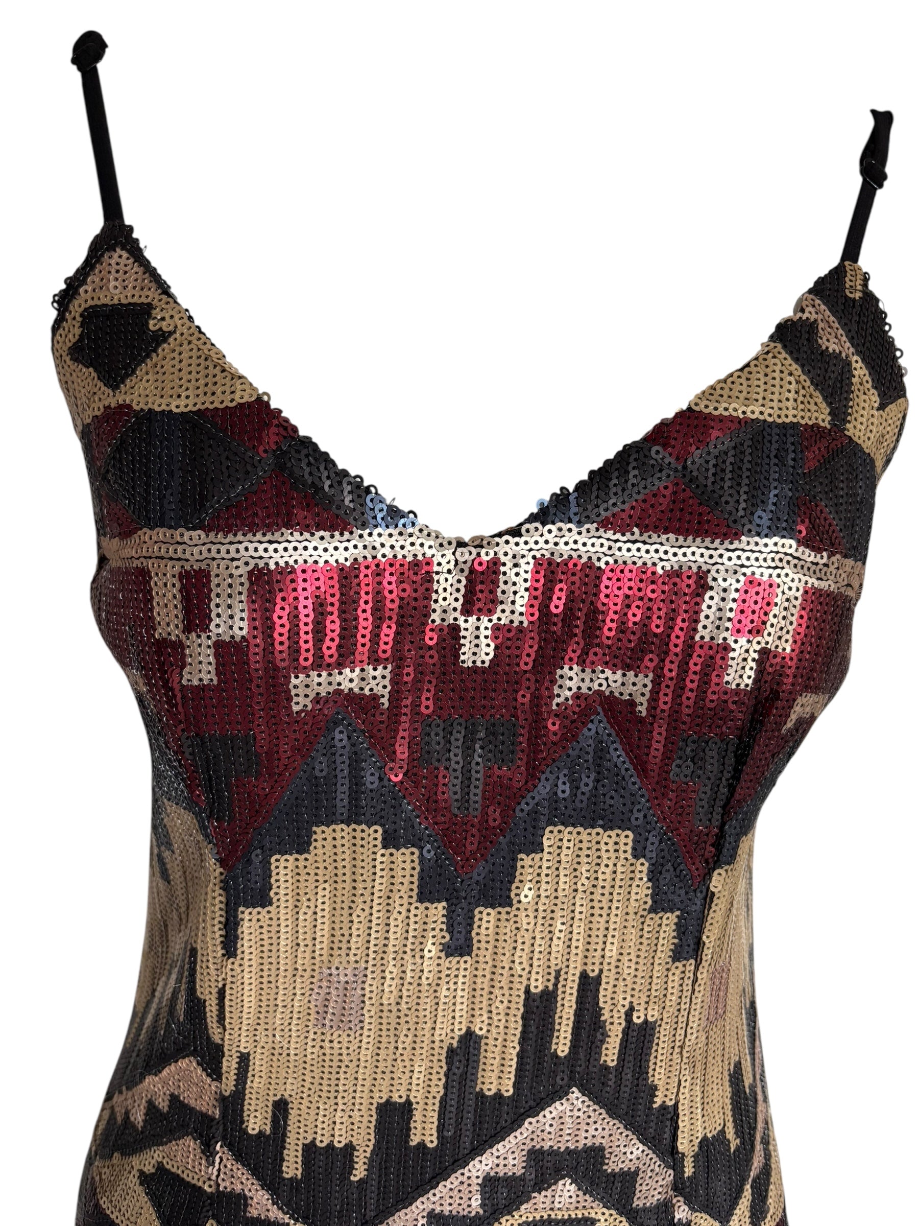 Sequin Mini Dress Sleeveless V Neck Aztec Geometric Party Cocktail Size XS