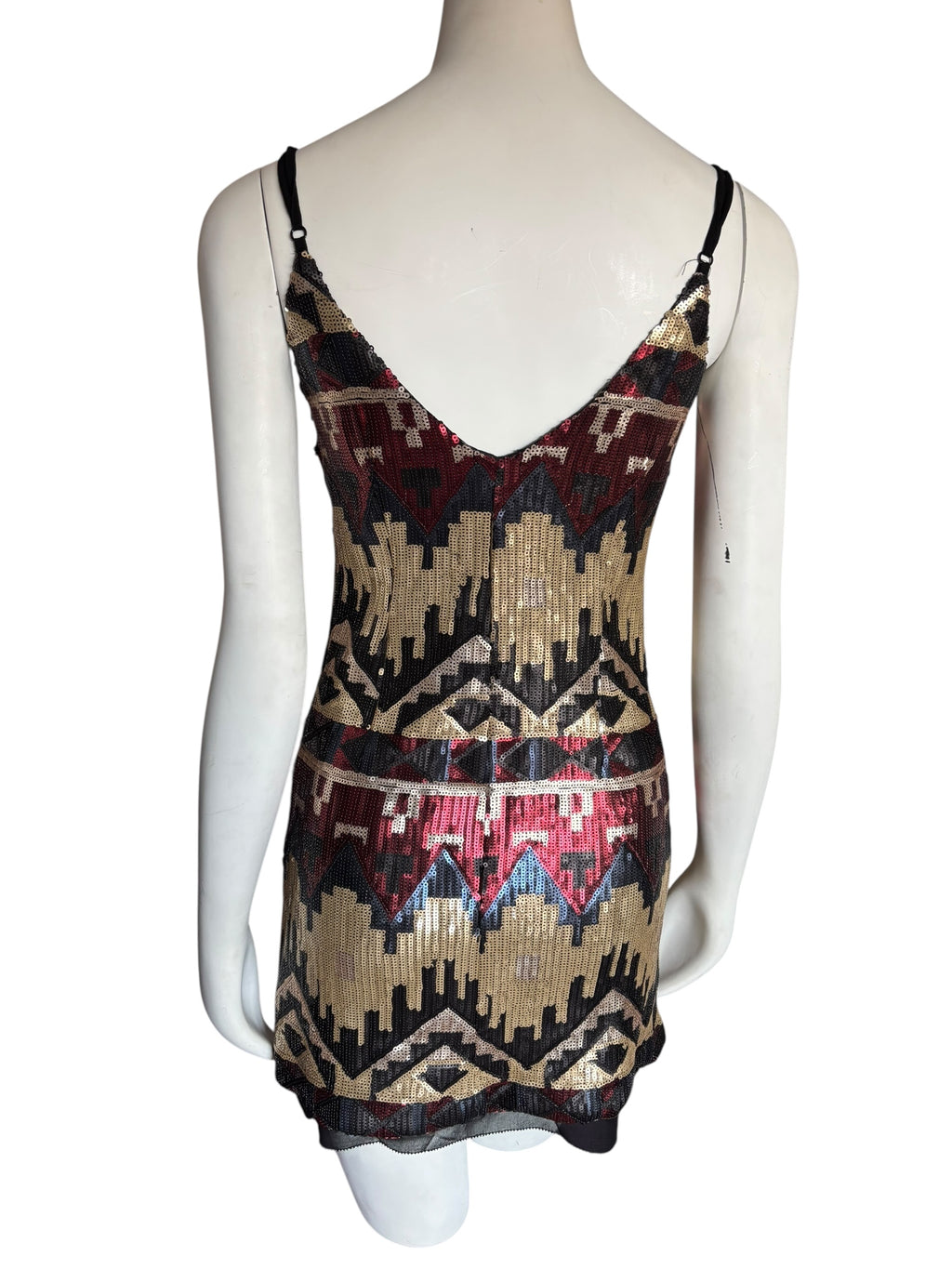 Sequin Mini Dress Sleeveless V Neck Aztec Geometric Party Cocktail Size XS