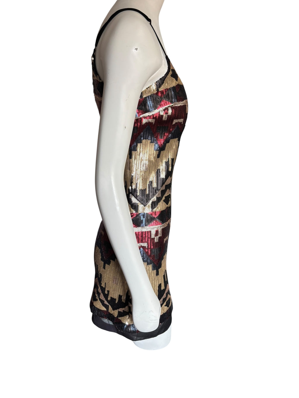 Sequin Mini Dress Sleeveless V Neck Aztec Geometric Party Cocktail Size XS