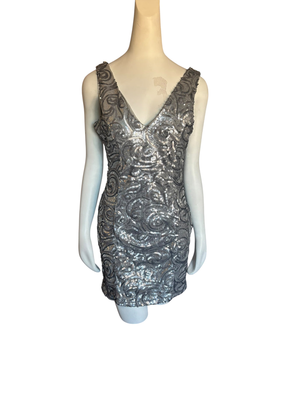 Elegant Silver Sequin Long Sleeve Dress Size XL