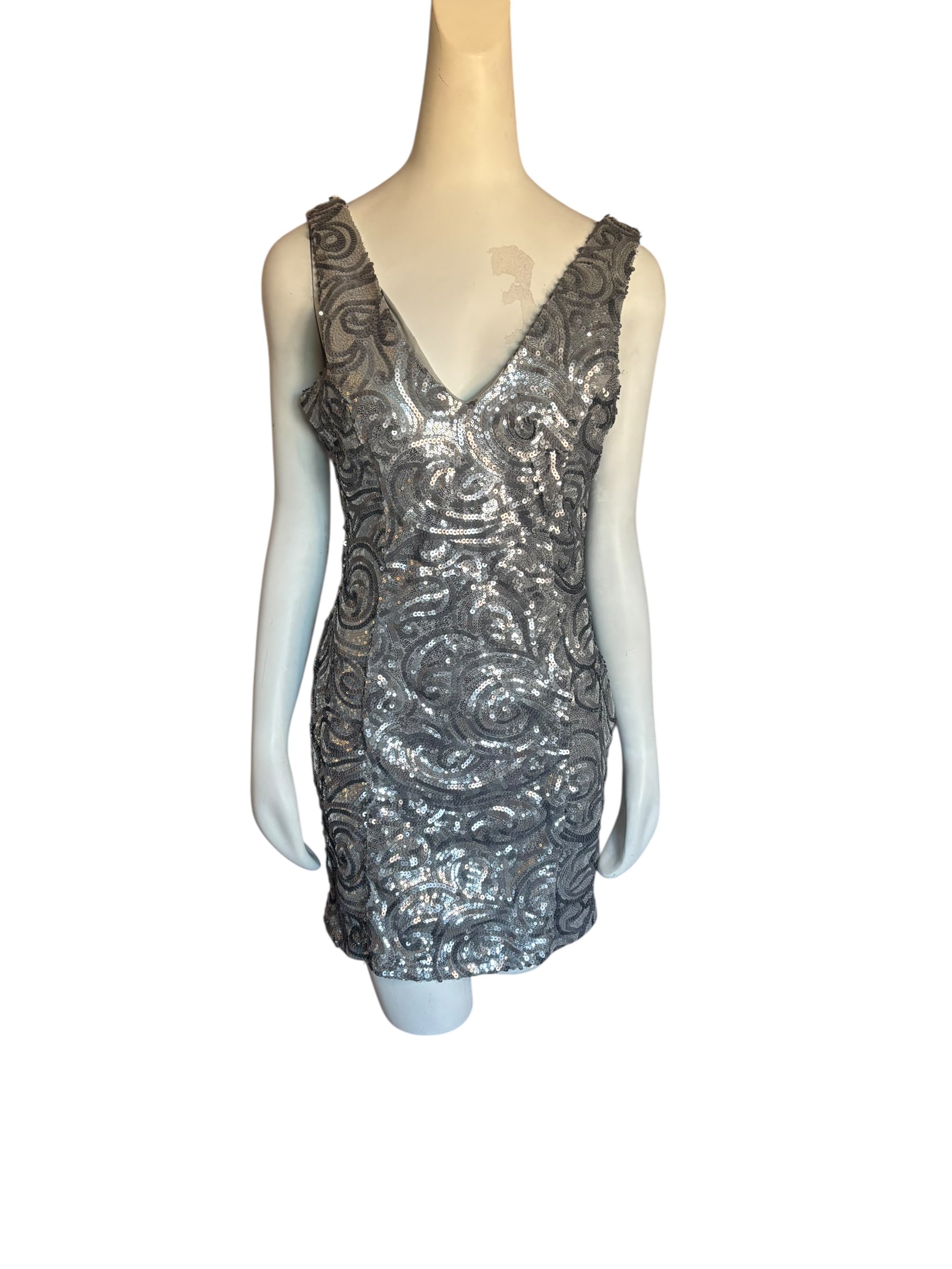 Elegant Silver Sequin Long Sleeve Dress Size XL