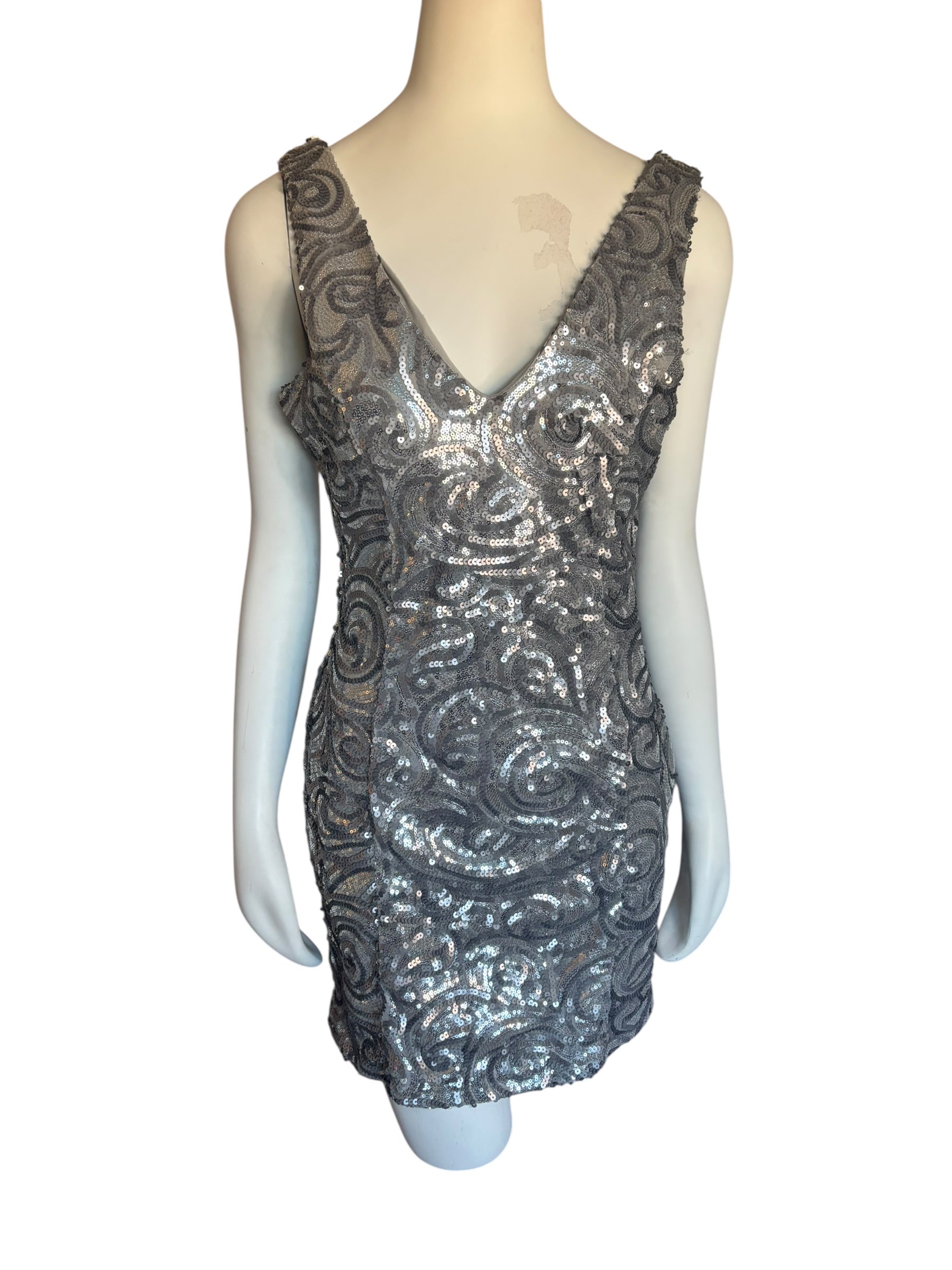 Elegant Silver Sequin Long Sleeve Dress Size XL