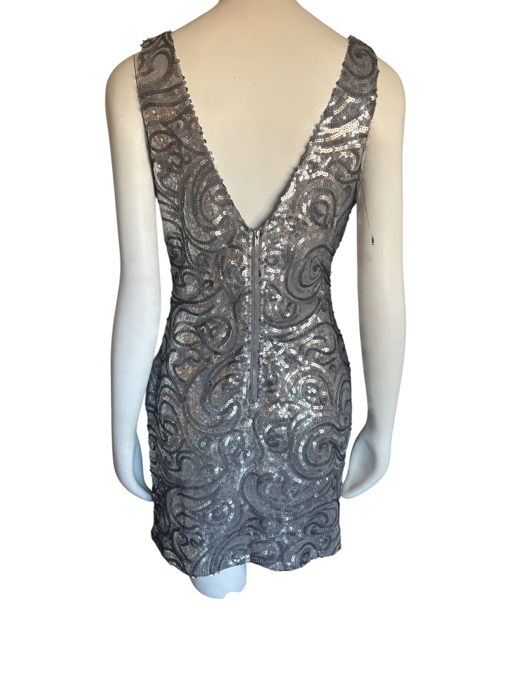 Elegant Silver Sequin Long Sleeve Dress Size XL