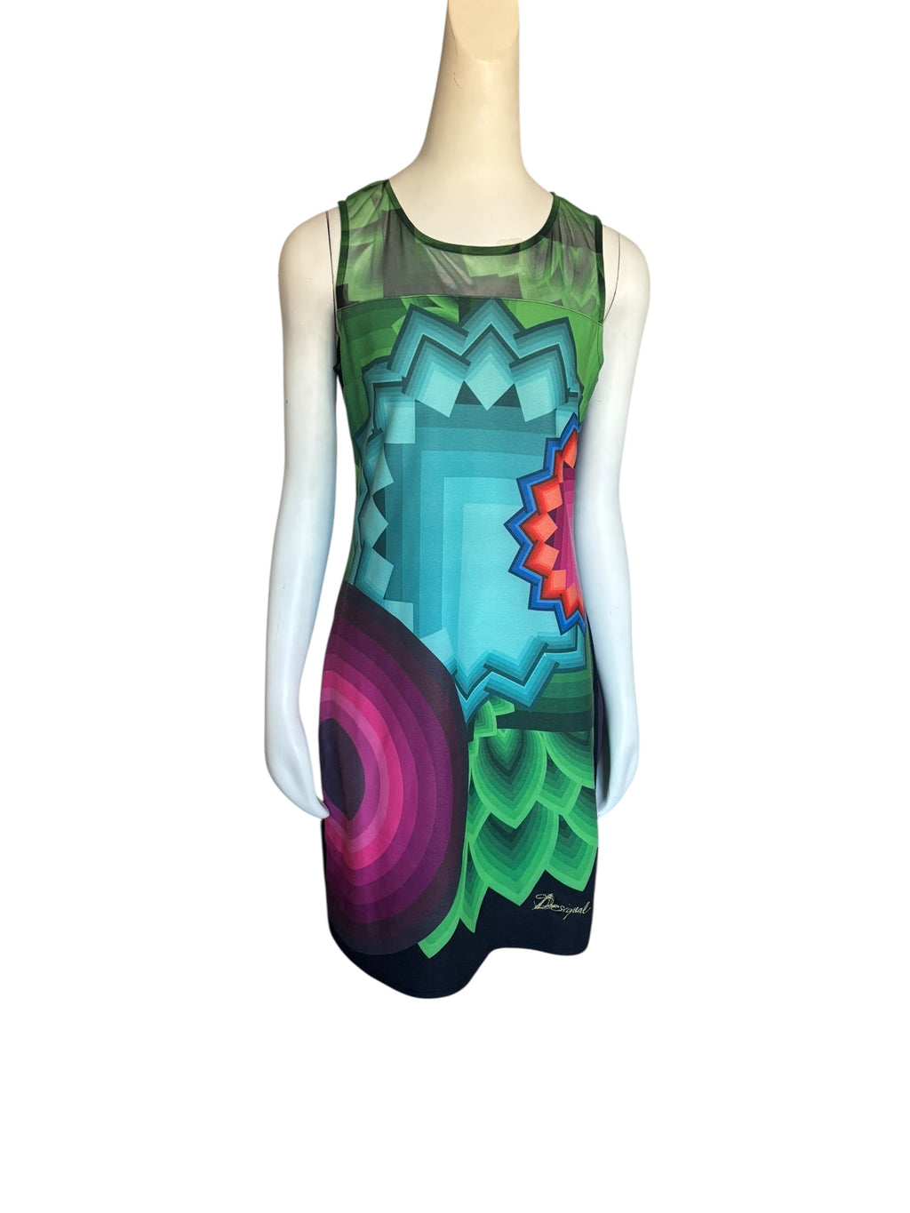 Desigual Women's Sleeveless Sheath Dress Abstract Print Black Mesh Accent Size M