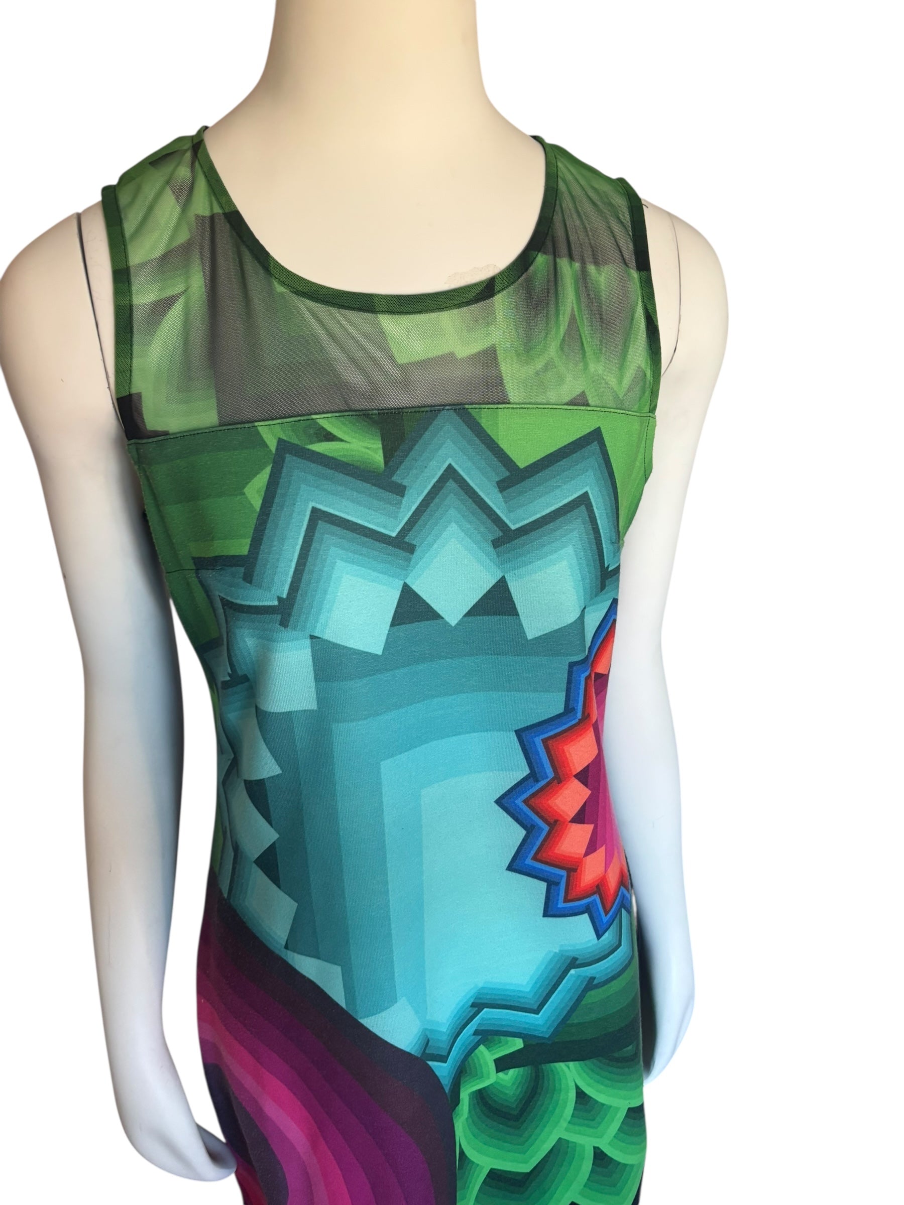 Desigual Women's Sleeveless Sheath Dress Abstract Print Black Mesh Accent Size M