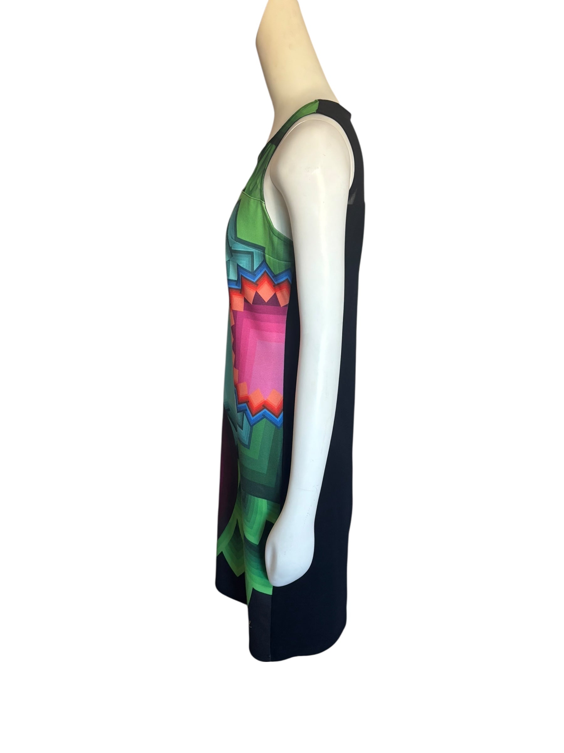 Desigual Women's Sleeveless Sheath Dress Abstract Print Black Mesh Accent Size M