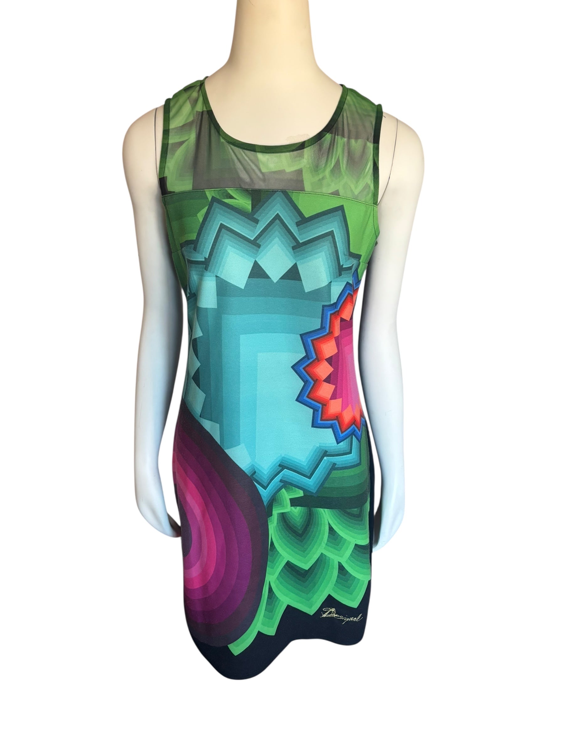 Desigual Women's Sleeveless Sheath Dress Abstract Print Black Mesh Accent Size M