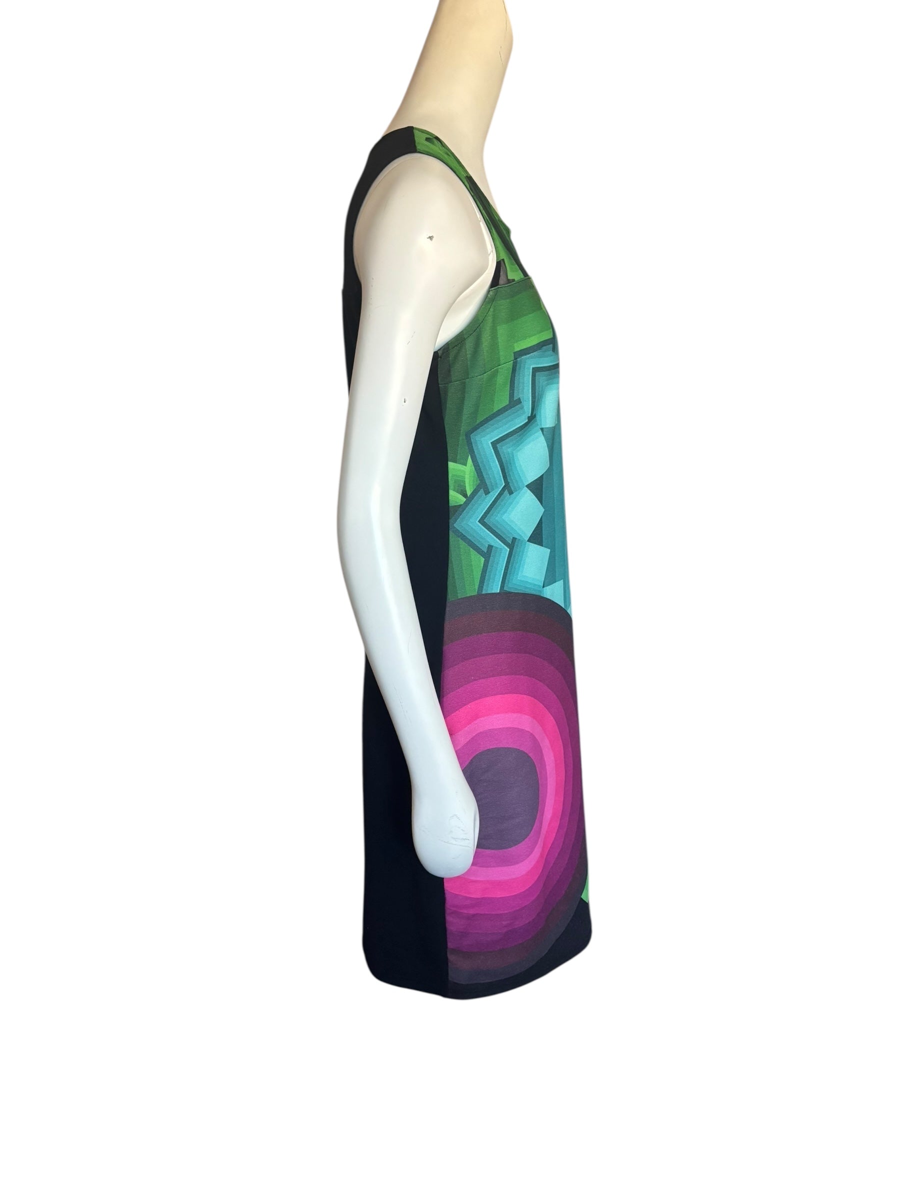 Desigual Women's Sleeveless Sheath Dress Abstract Print Black Mesh Accent Size M