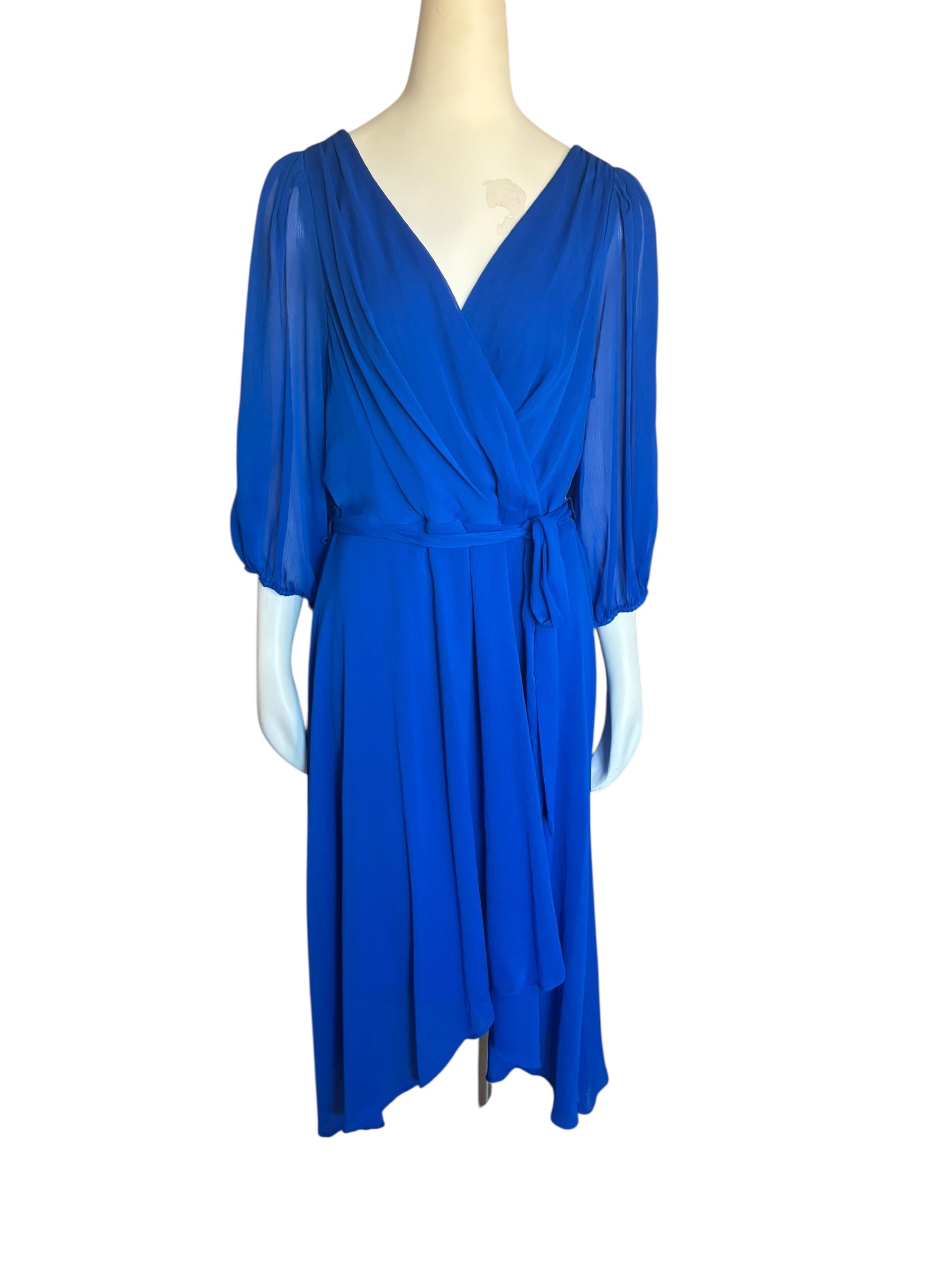 DKNY Blue Faux Wrap Dress with V-Neck and Bishop Sleeves NWT Size 16‎