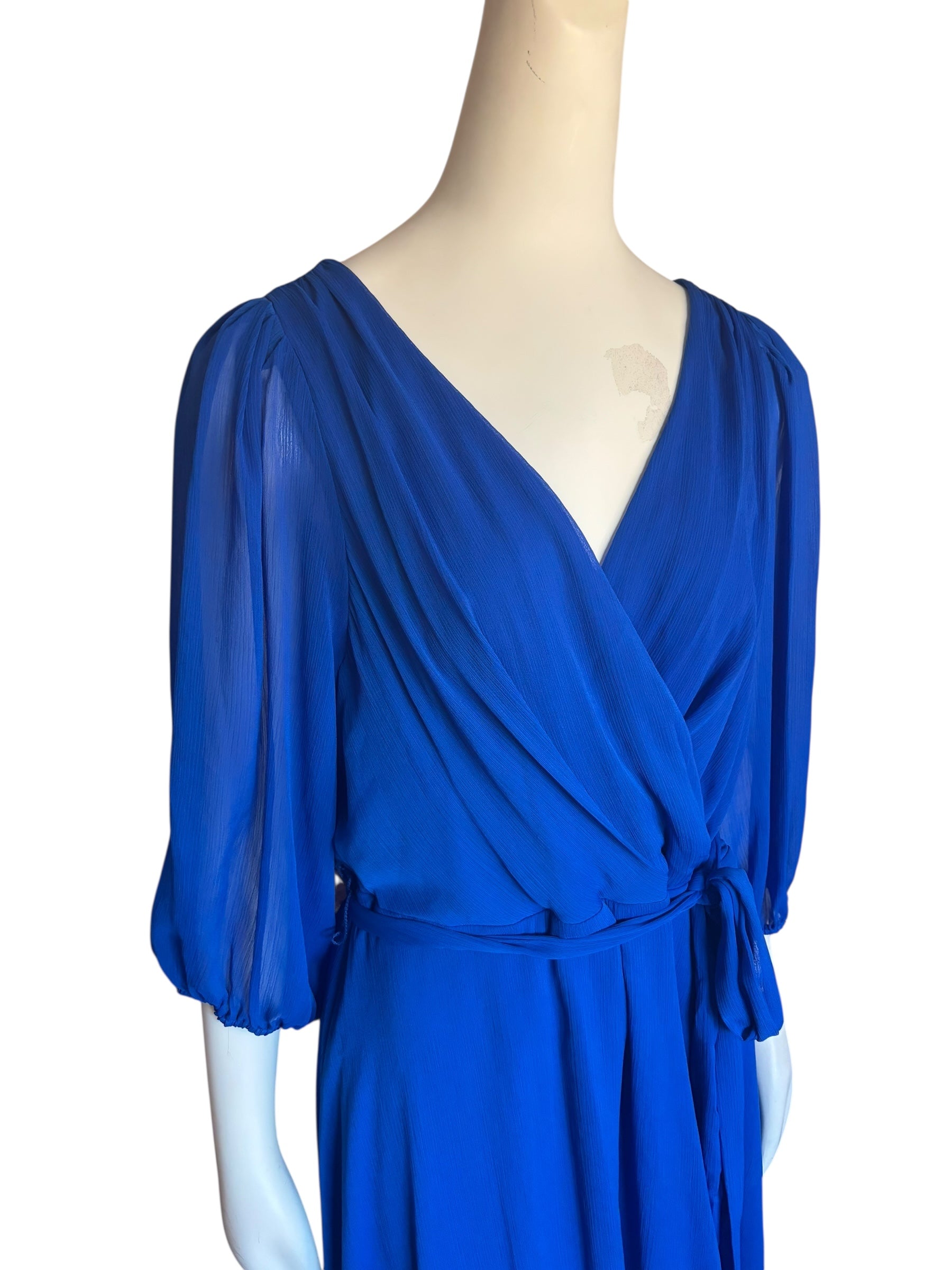 DKNY Blue Faux Wrap Dress with V-Neck and Bishop Sleeves NWT Size 16‎