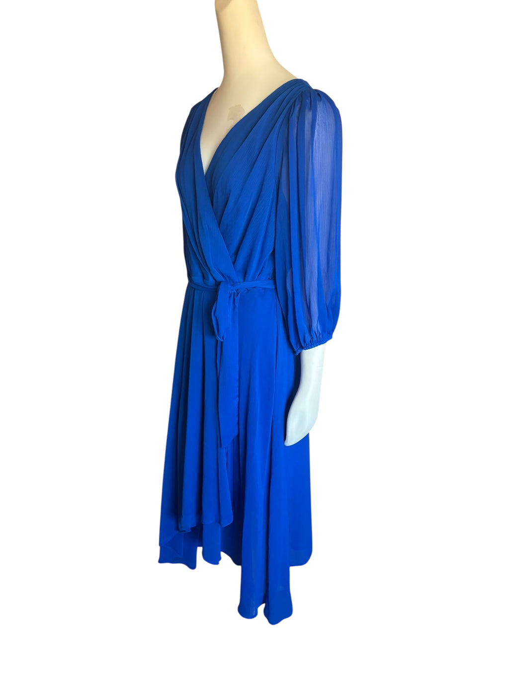 DKNY Blue Faux Wrap Dress with V-Neck and Bishop Sleeves NWT Size 16‎