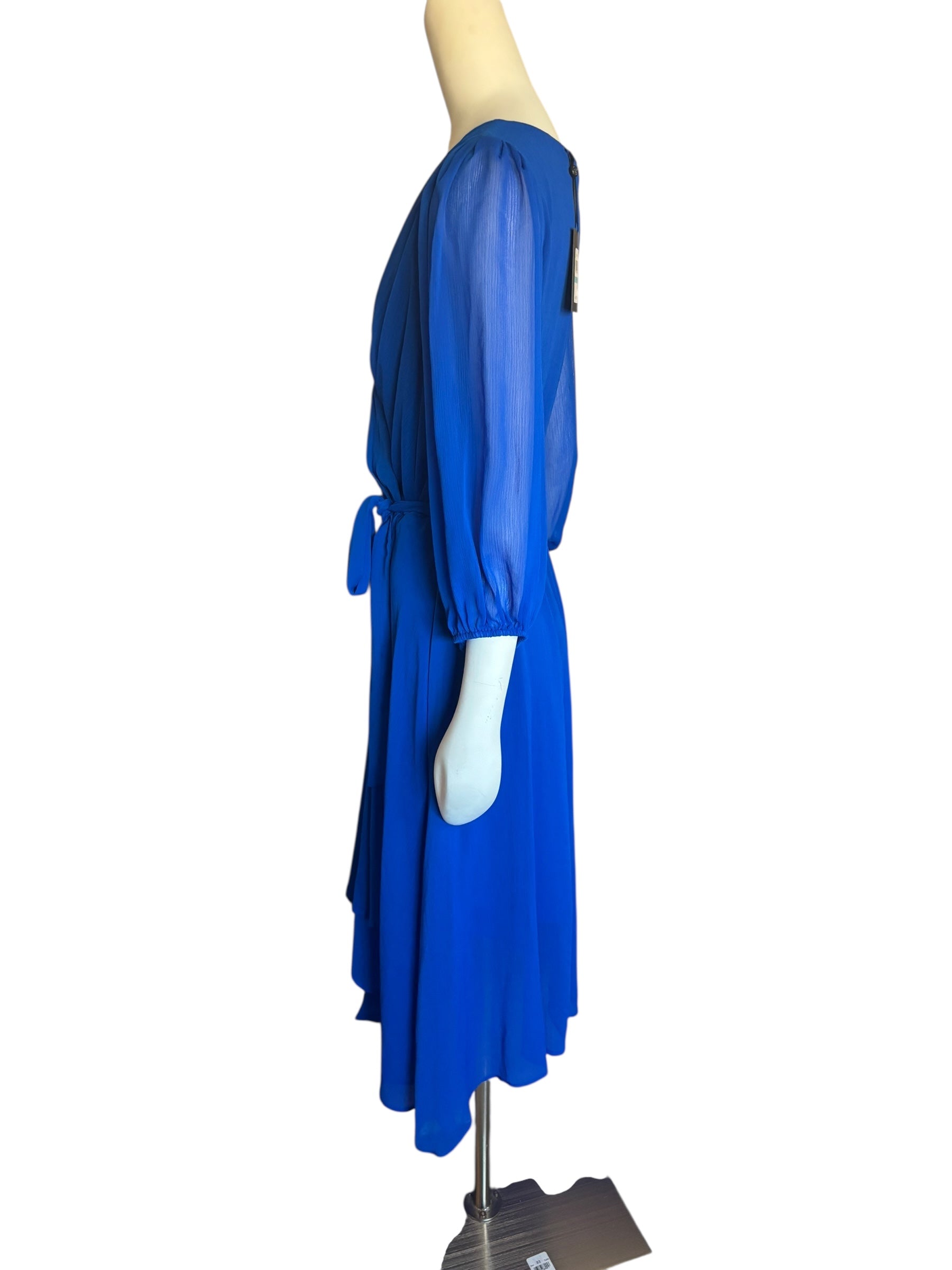 DKNY Blue Faux Wrap Dress with V-Neck and Bishop Sleeves NWT Size 16‎