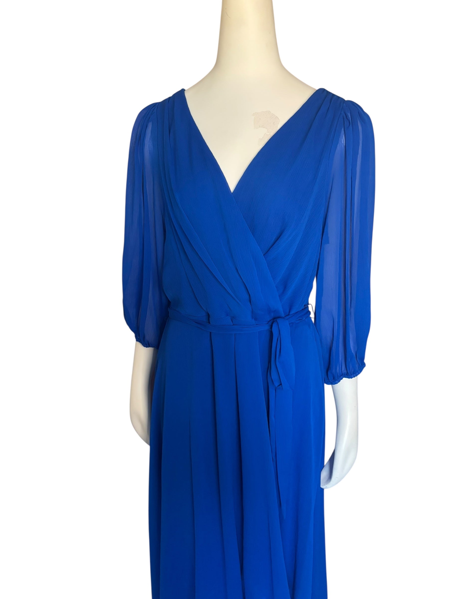 DKNY Blue Faux Wrap Dress with V-Neck and Bishop Sleeves NWT Size 16‎