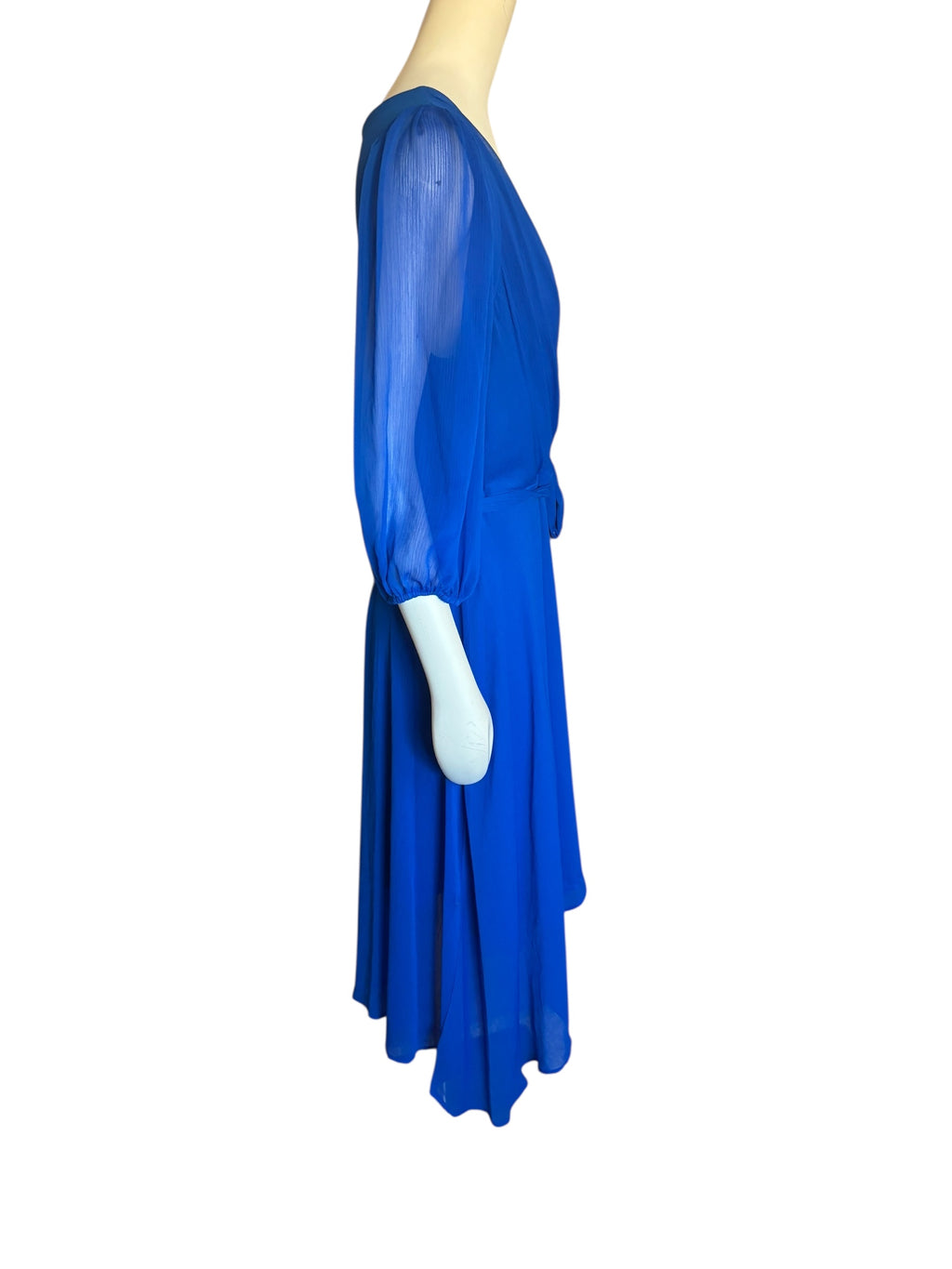DKNY Blue Faux Wrap Dress with V-Neck and Bishop Sleeves NWT Size 16‎