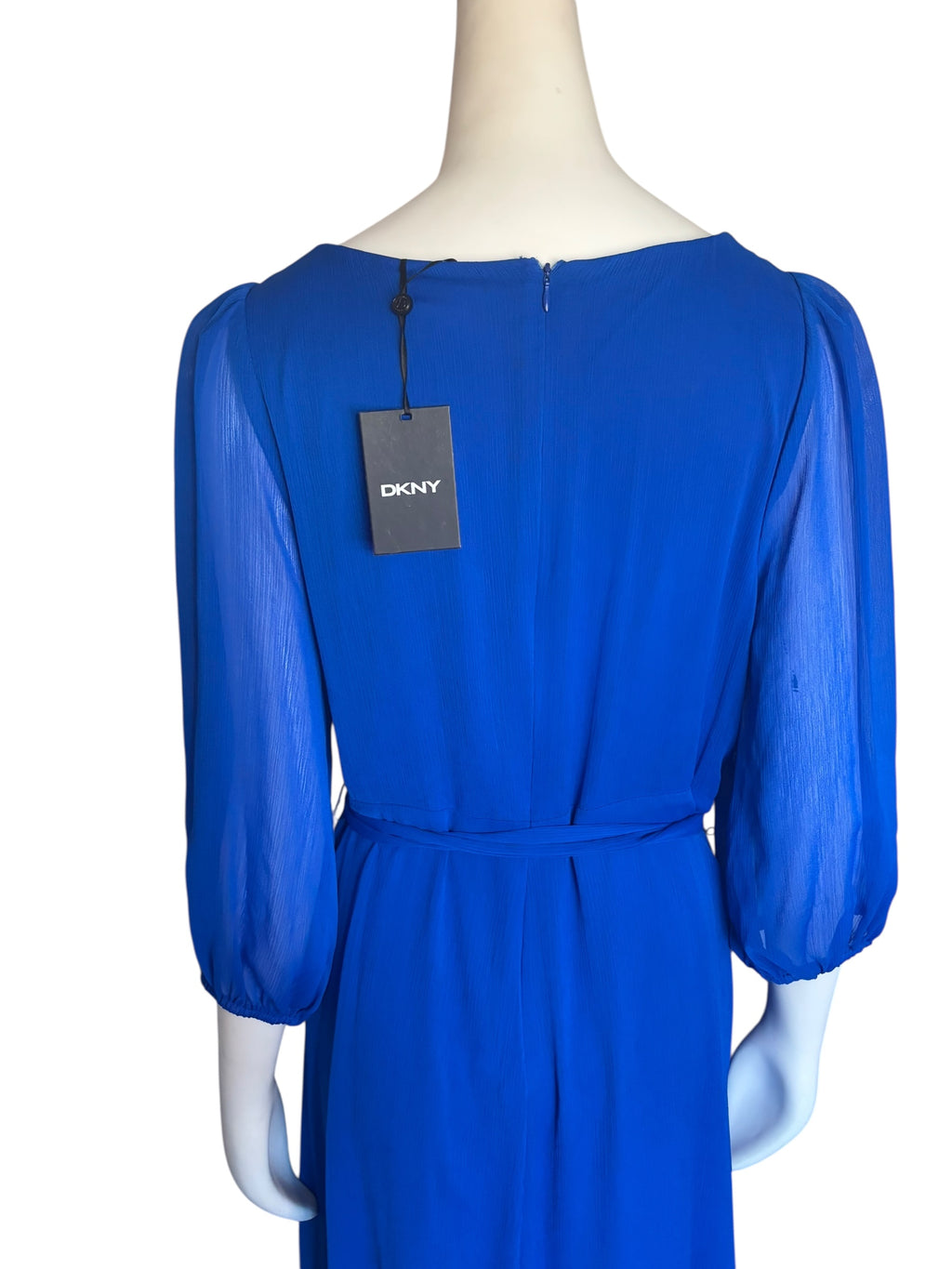DKNY Blue Faux Wrap Dress with V-Neck and Bishop Sleeves NWT Size 16‎