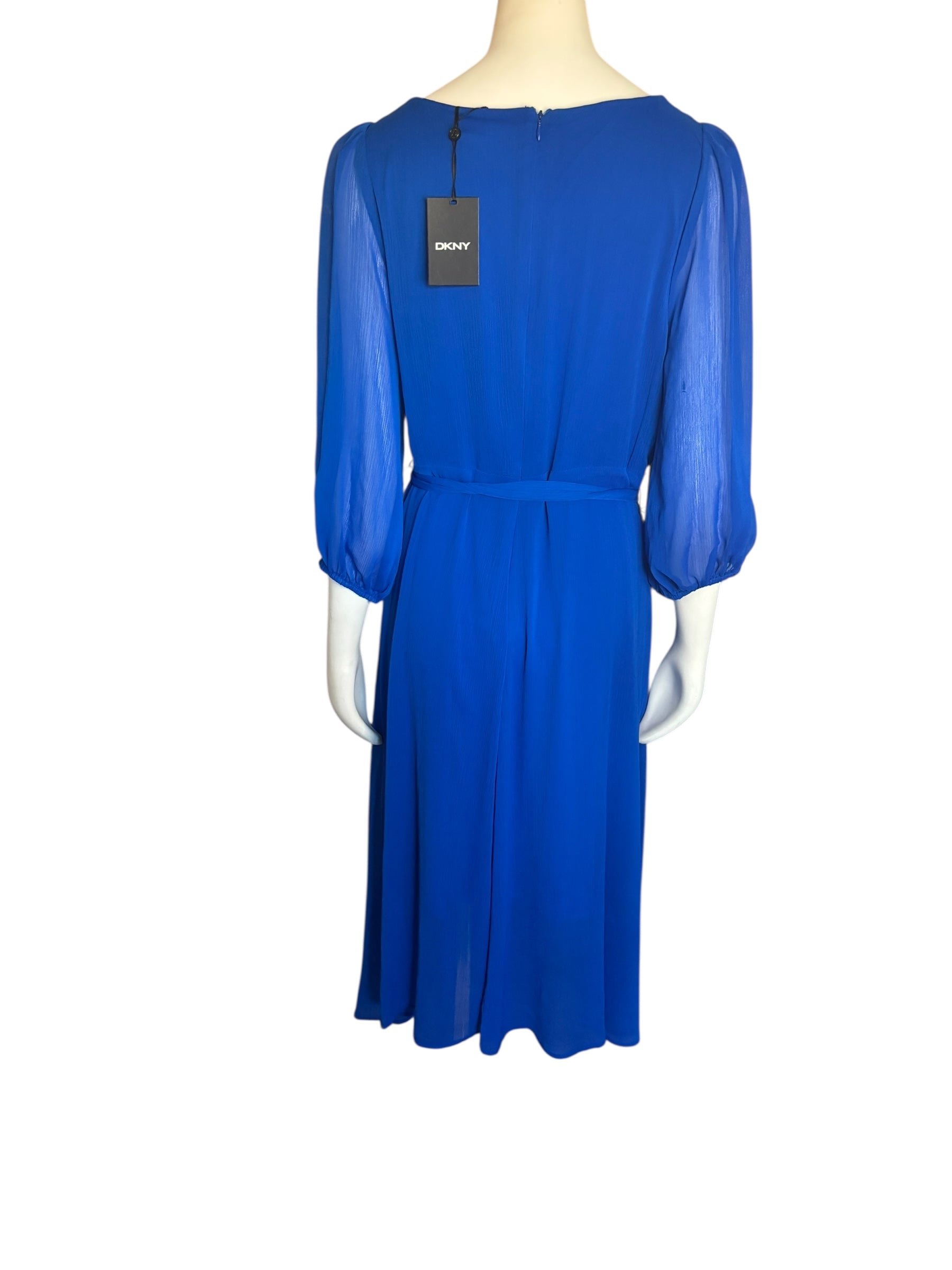 DKNY Blue Faux Wrap Dress with V-Neck and Bishop Sleeves NWT Size 16‎