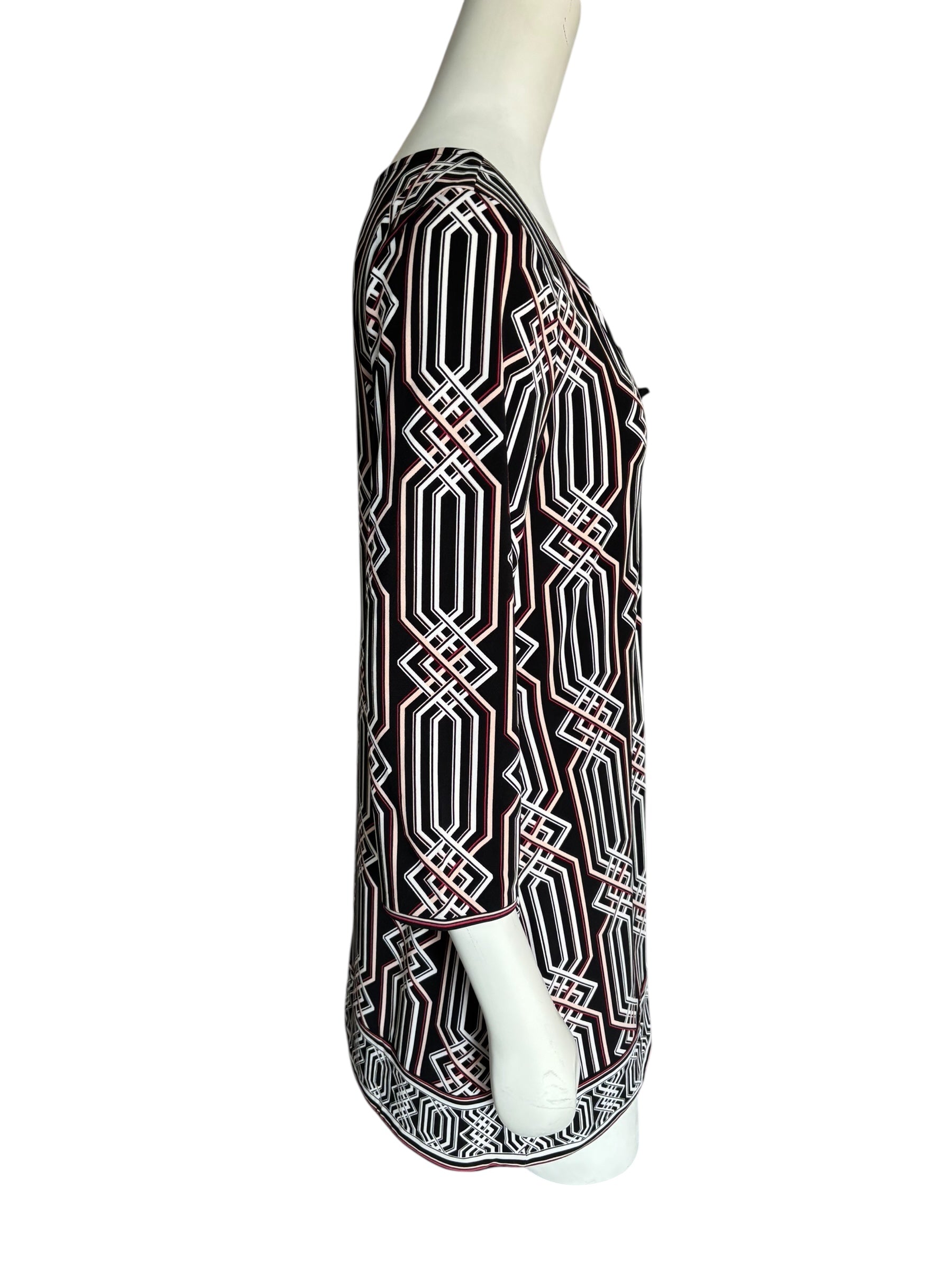 White House Black Market Graphic Tie Front Mini Dress 1/4 Sleeve Size M