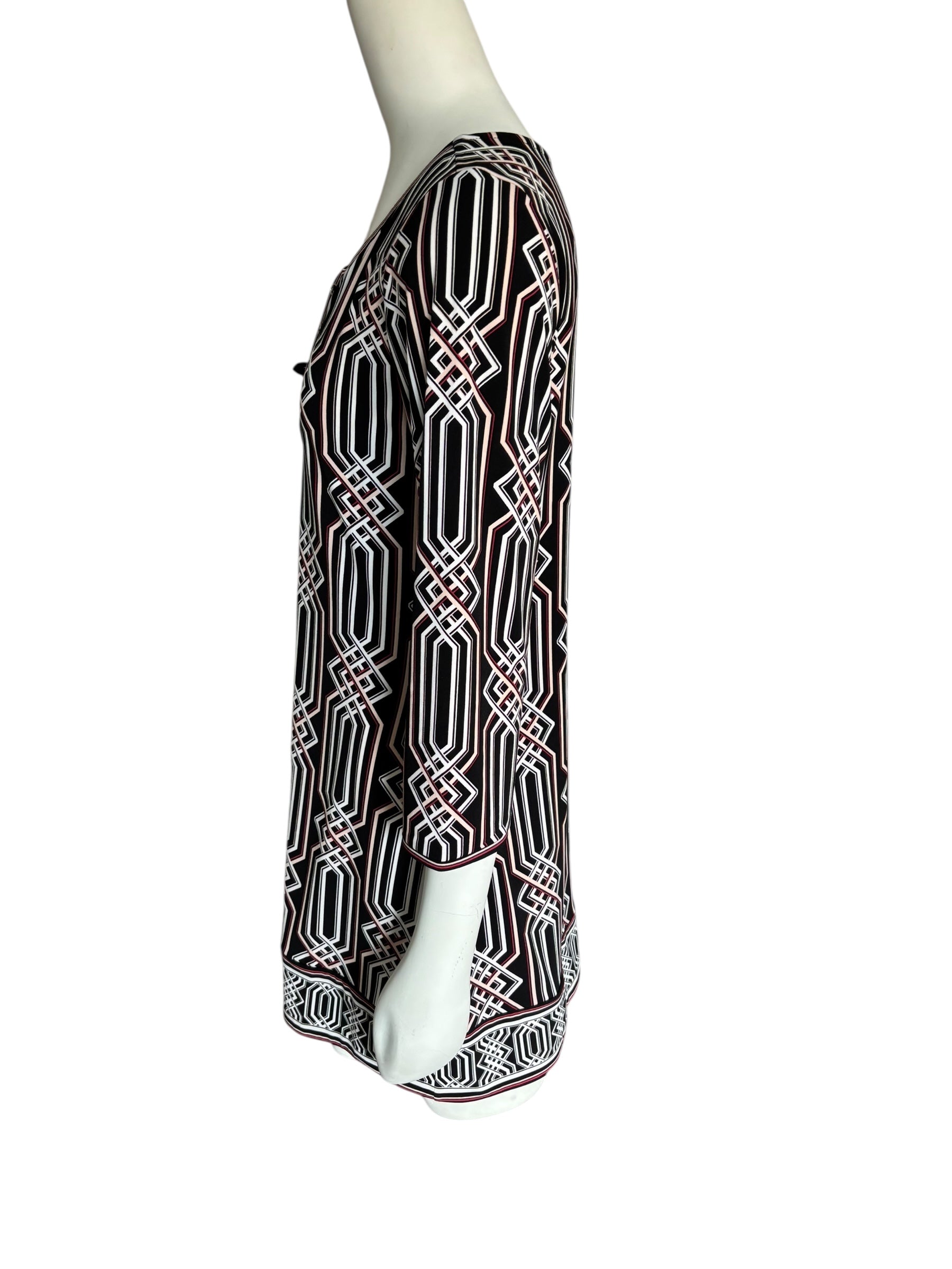 White House Black Market Graphic Tie Front Mini Dress 1/4 Sleeve Size M