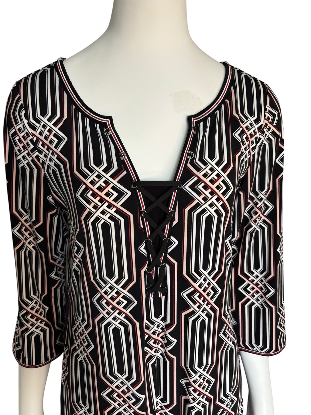 White House Black Market Graphic Tie Front Mini Dress 1/4 Sleeve Size M