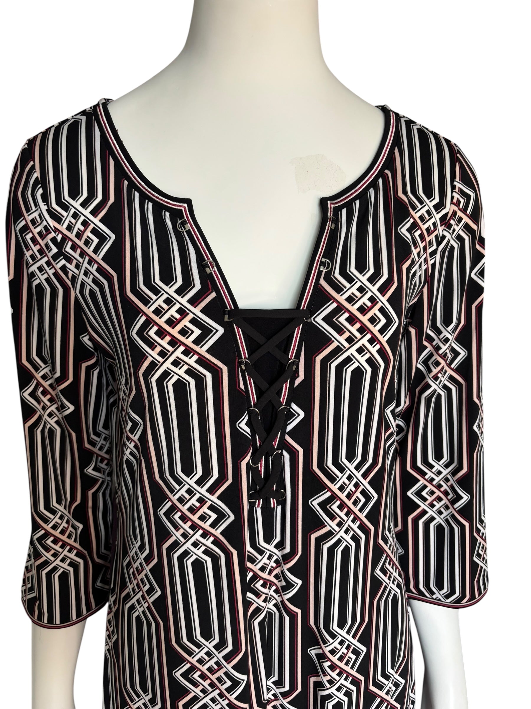 White House Black Market Graphic Tie Front Mini Dress 1/4 Sleeve Size M