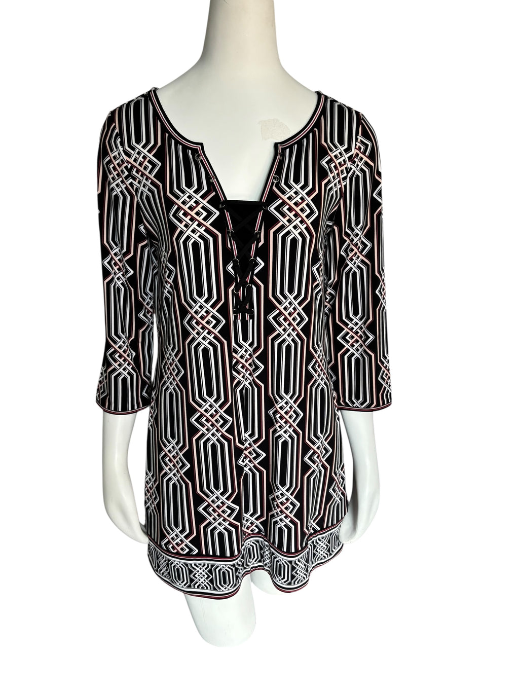 White House Black Market Graphic Tie Front Mini Dress 1/4 Sleeve Size M