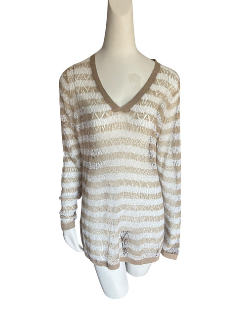 Beige and White V-Neck Delicate Knit Top Size XL