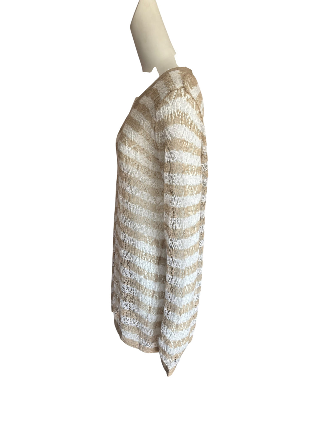 Beige and White V-Neck Delicate Knit Top Size XL