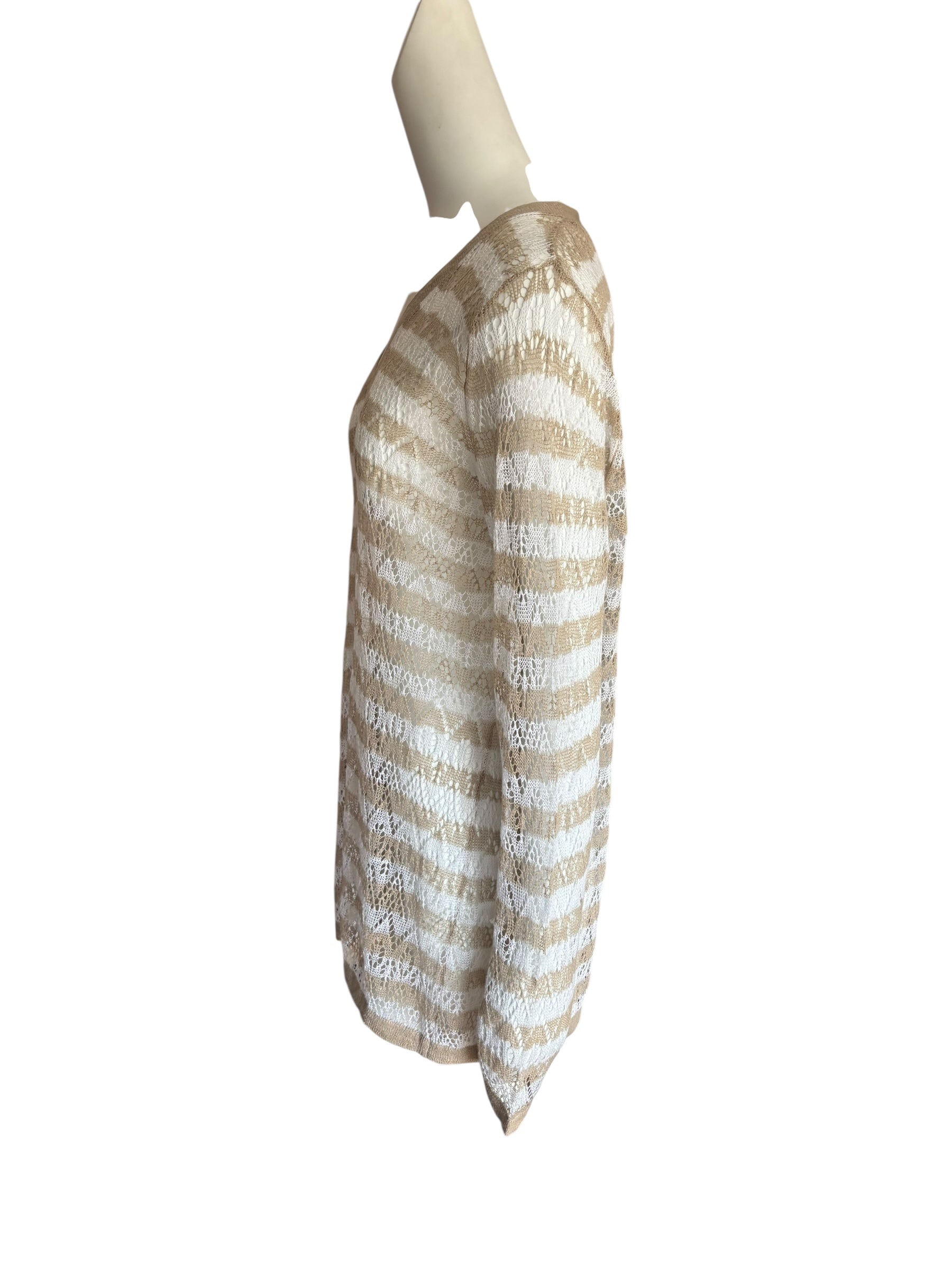 Beige and White V-Neck Delicate Knit Top Size XL