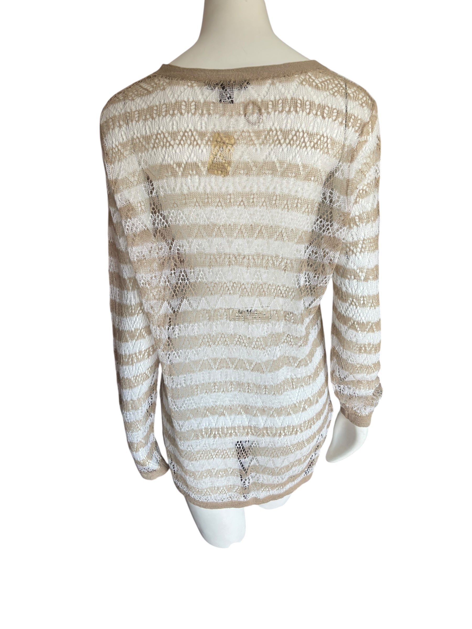 Beige and White V-Neck Delicate Knit Top Size XL