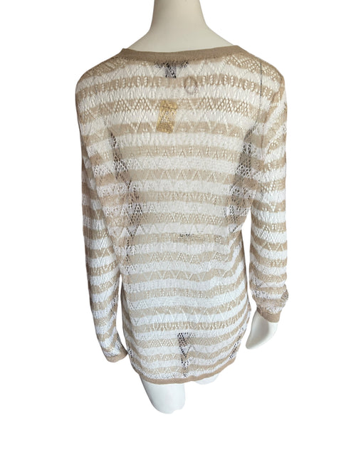 Beige and White V-Neck Delicate Knit Top Size XL