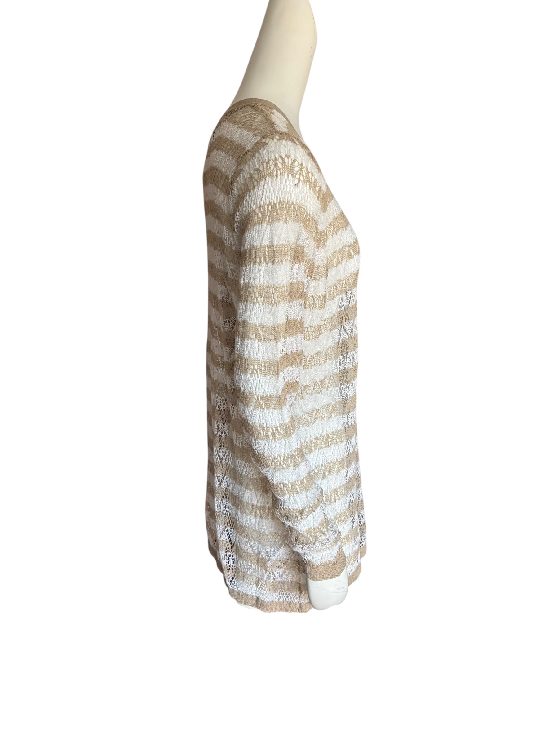 Beige and White V-Neck Delicate Knit Top Size XL